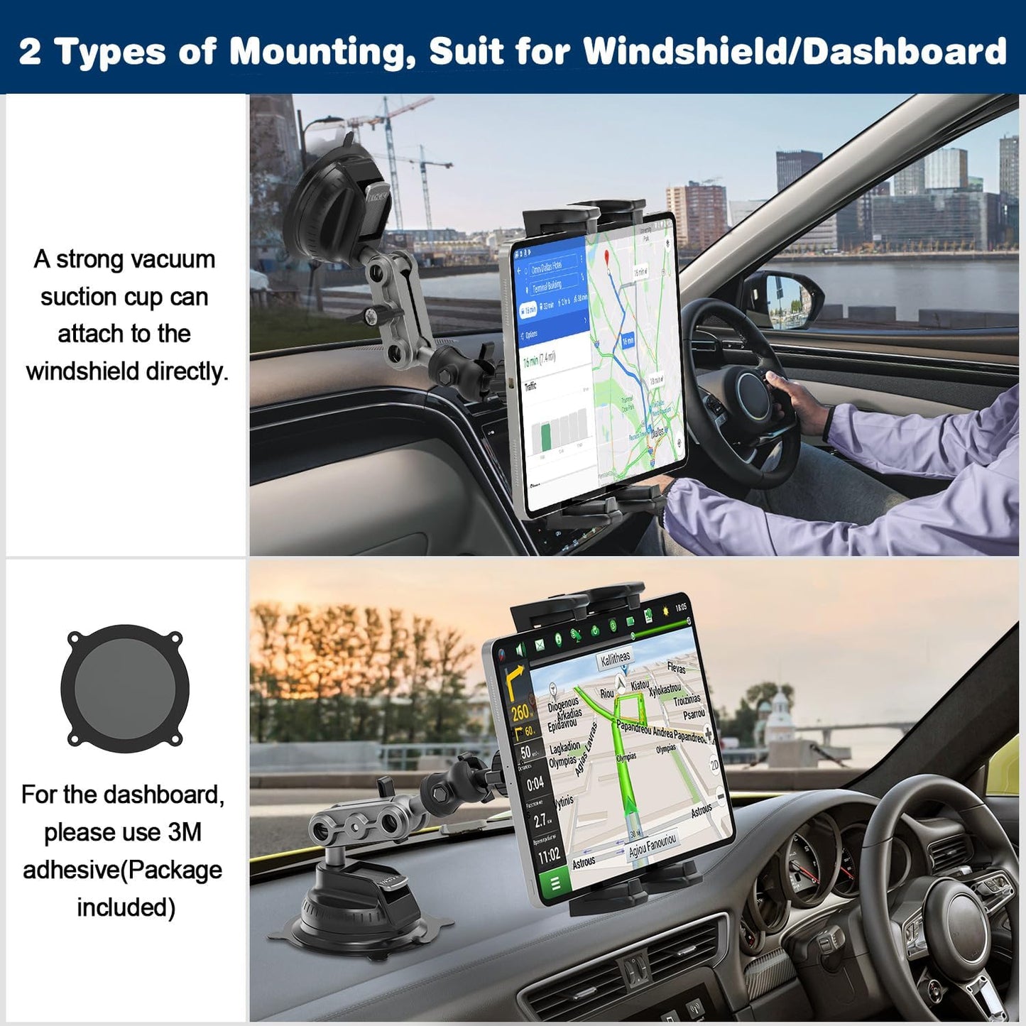 Tablet Holder for Car, 360° Rotate Adjustable Ipad Car Mount with Suction Cup, Dashboard Windshield Tablet Mount Suction Cup for Ipad/Samsung Galaxy, 4.7-12.9" Tablets and Smartphones