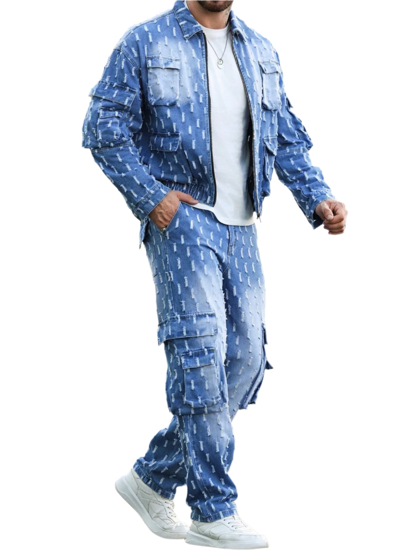 Manfinity Homme Men'S 2Pcs/Set Long Sleeve Jacket and Jeans Pants Casual Suit