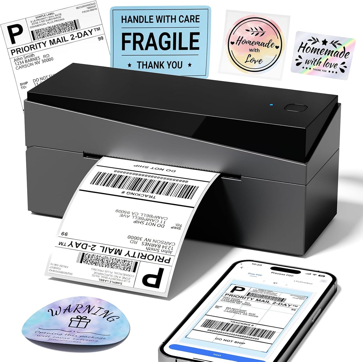 Bluetooth Shipping Label Printer, Thermal Label Printer 4X6 for Small Business, Widely Used for Etsy, Shopify, Ebay, Royal Mail, Evri, Amazon,Compatible with Android, Iphone,Linux and Windows