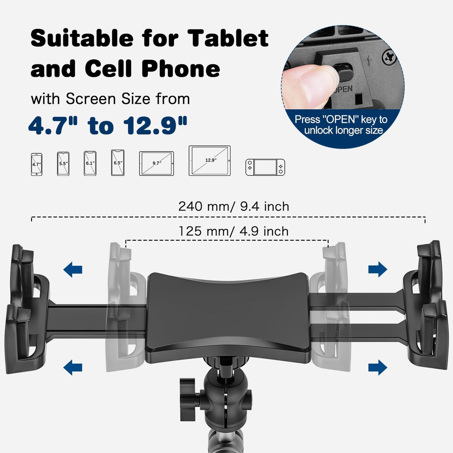Tablet Holder for Car, 360° Rotate Adjustable Ipad Car Mount with Suction Cup, Dashboard Windshield Tablet Mount Suction Cup for Ipad/Samsung Galaxy, 4.7-12.9" Tablets and Smartphones
