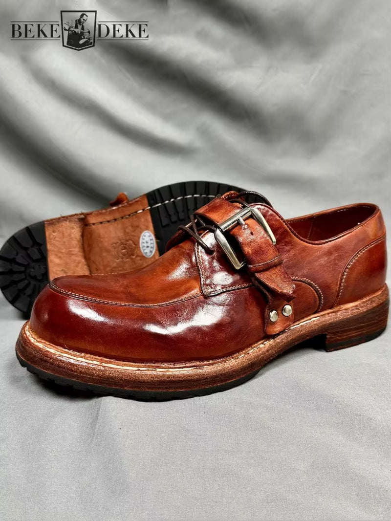 Handmade Mens Horsehide Genuine Leather Derby Shoes Thick Bottom Vintage Dress Shoes British Style round Toe Work Cargo Shoes