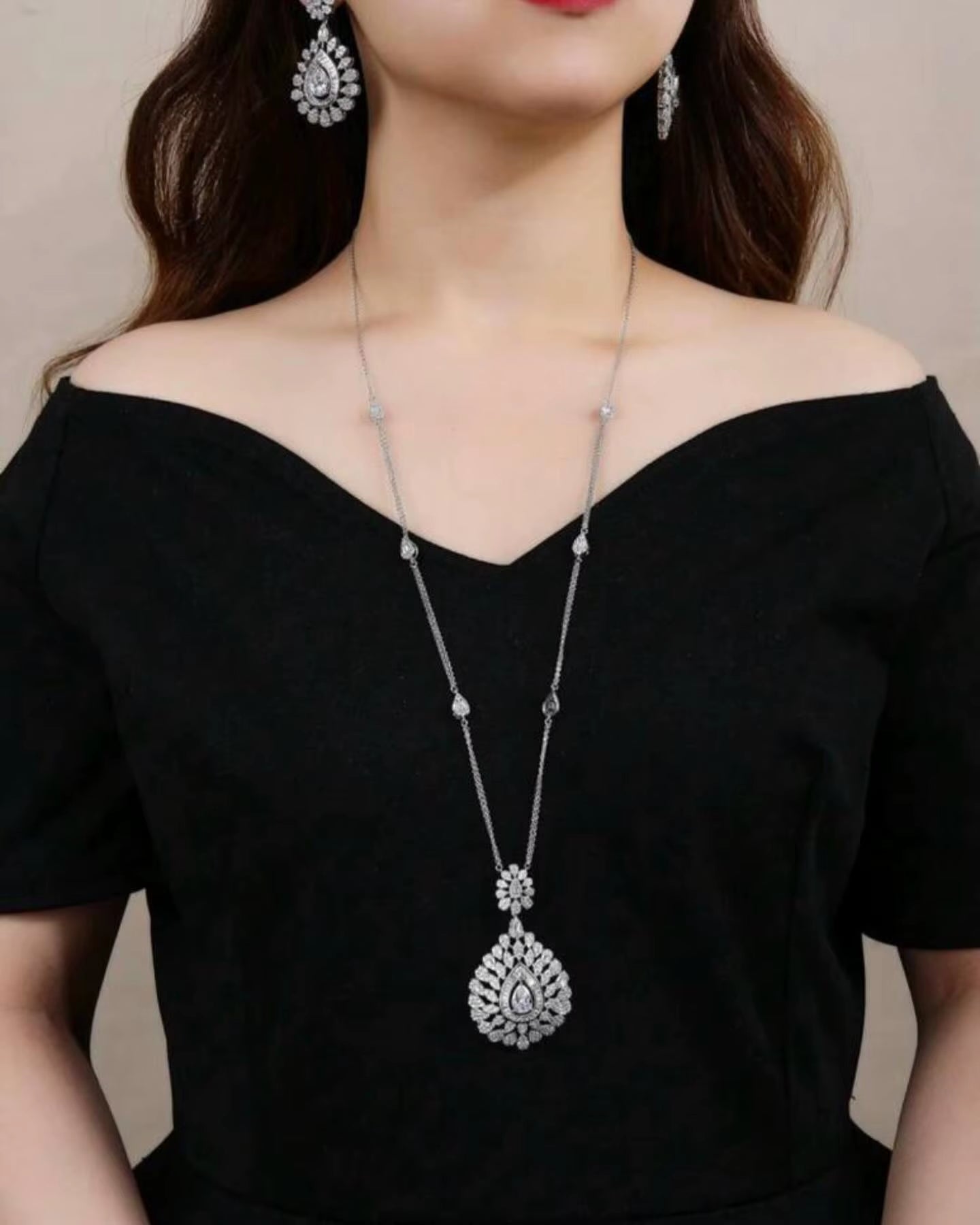 Saudi Dubai Long Chain Necklace Set for Women Luxury Cubic Zirconia Bridal Jewelry Set Wedding Accessories