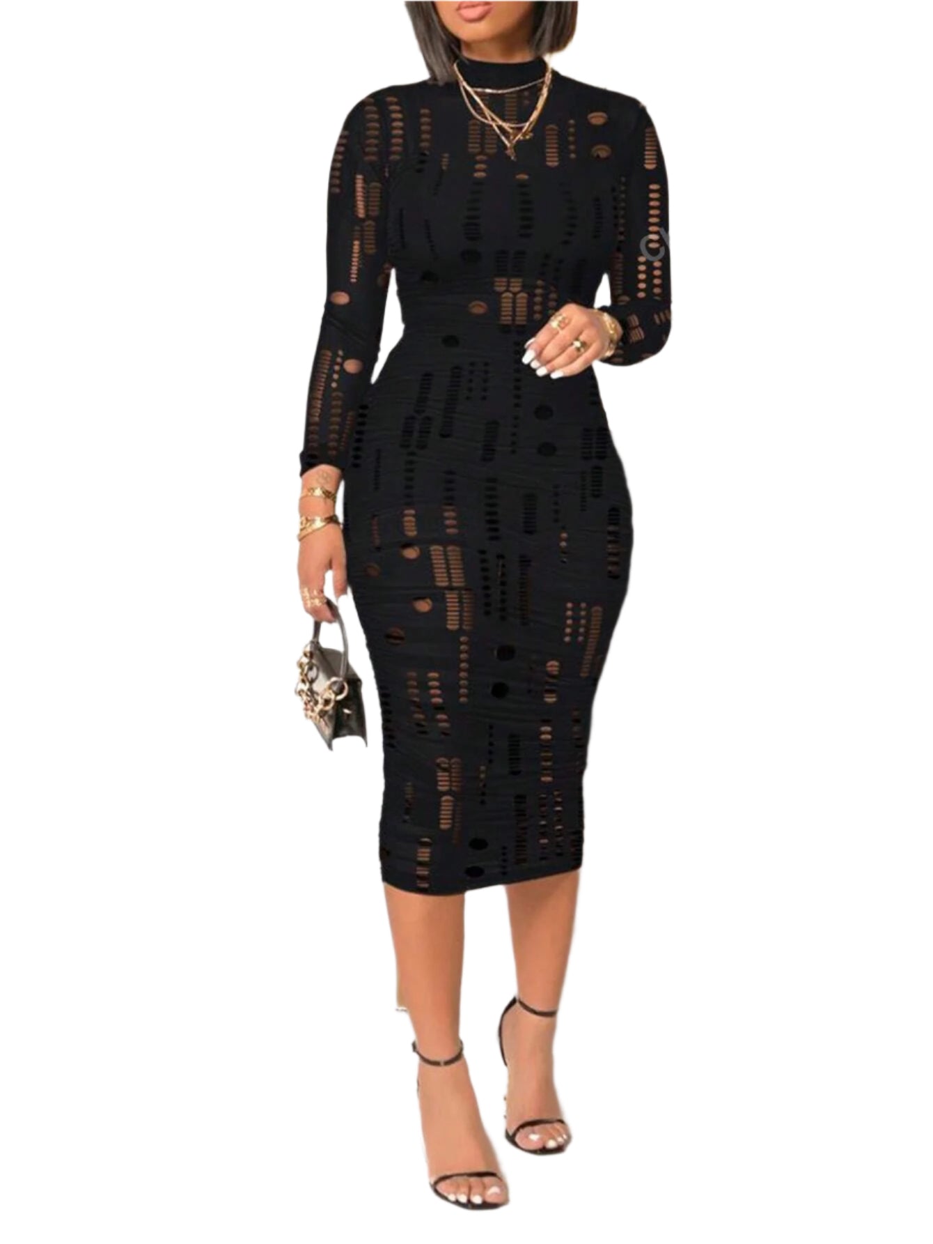 Chicme 3 Piece Long Sleeve Hollow Out Sheer Slim Fit Sleeveless Top with Short with Vintage Midi Bodycon Dress Sexy Outfit
