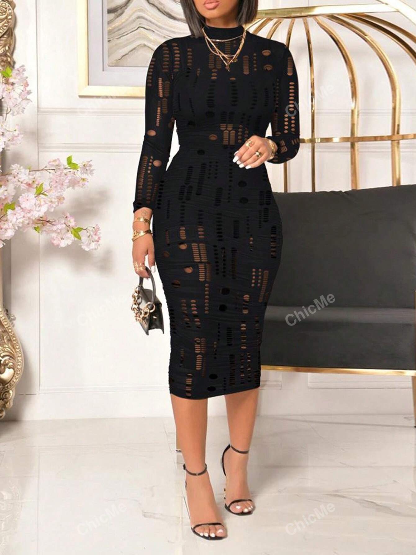 Chicme 3 Piece Long Sleeve Hollow Out Sheer Slim Fit Sleeveless Top with Short with Vintage Midi Bodycon Dress Sexy Outfit