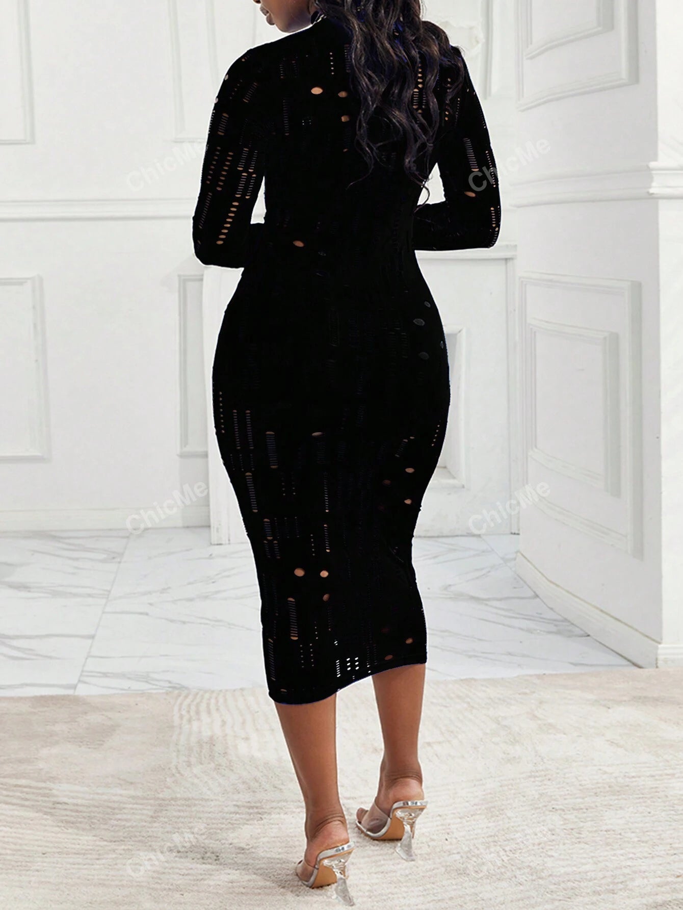 Chicme 3 Piece Long Sleeve Hollow Out Sheer Slim Fit Sleeveless Top with Short with Vintage Midi Bodycon Dress Sexy Outfit
