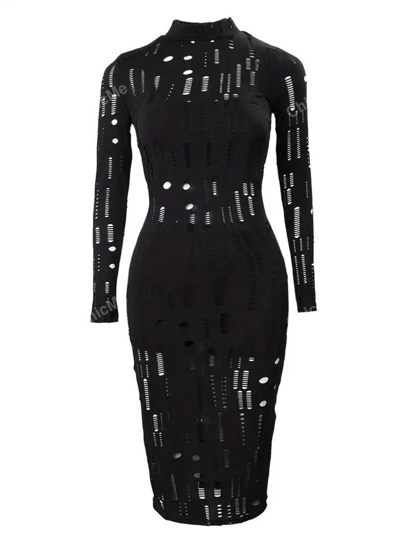 Chicme 3 Piece Long Sleeve Hollow Out Sheer Slim Fit Sleeveless Top with Short with Vintage Midi Bodycon Dress Sexy Outfit