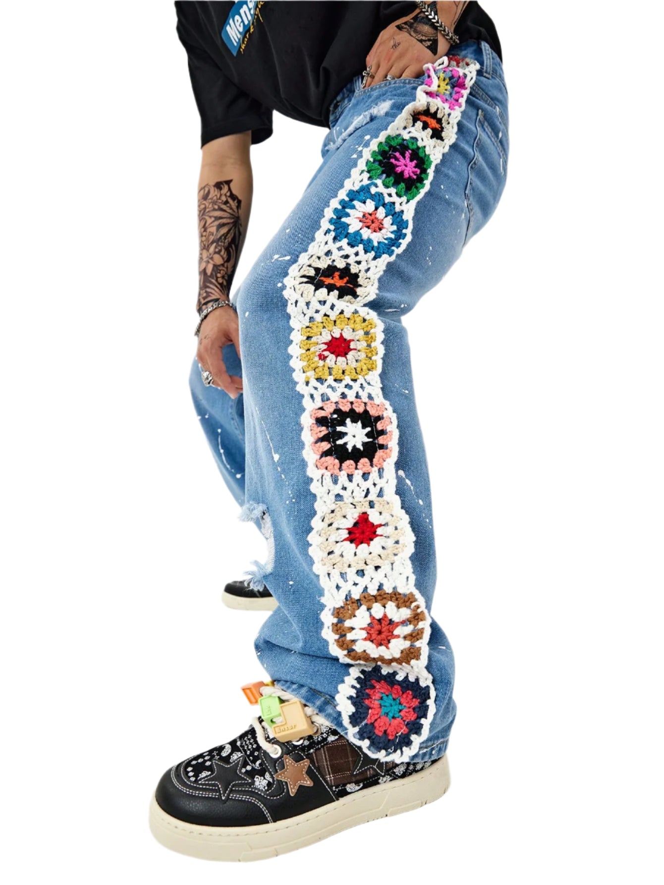 Manfinity EMRG Men Floral Crochet Panel Straight Leg Jeans, Long Royal Blue Straight Leg Rave Outfit Embroidered Cargo Jeans, for Husband, Boyfriend Gifts