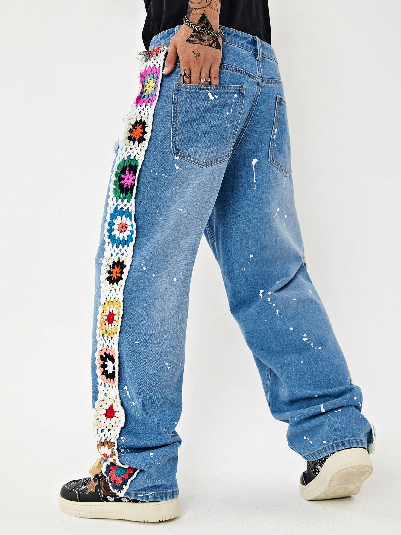 Manfinity EMRG Men Floral Crochet Panel Straight Leg Jeans, Long Royal Blue Straight Leg Rave Outfit Embroidered Cargo Jeans, for Husband, Boyfriend Gifts