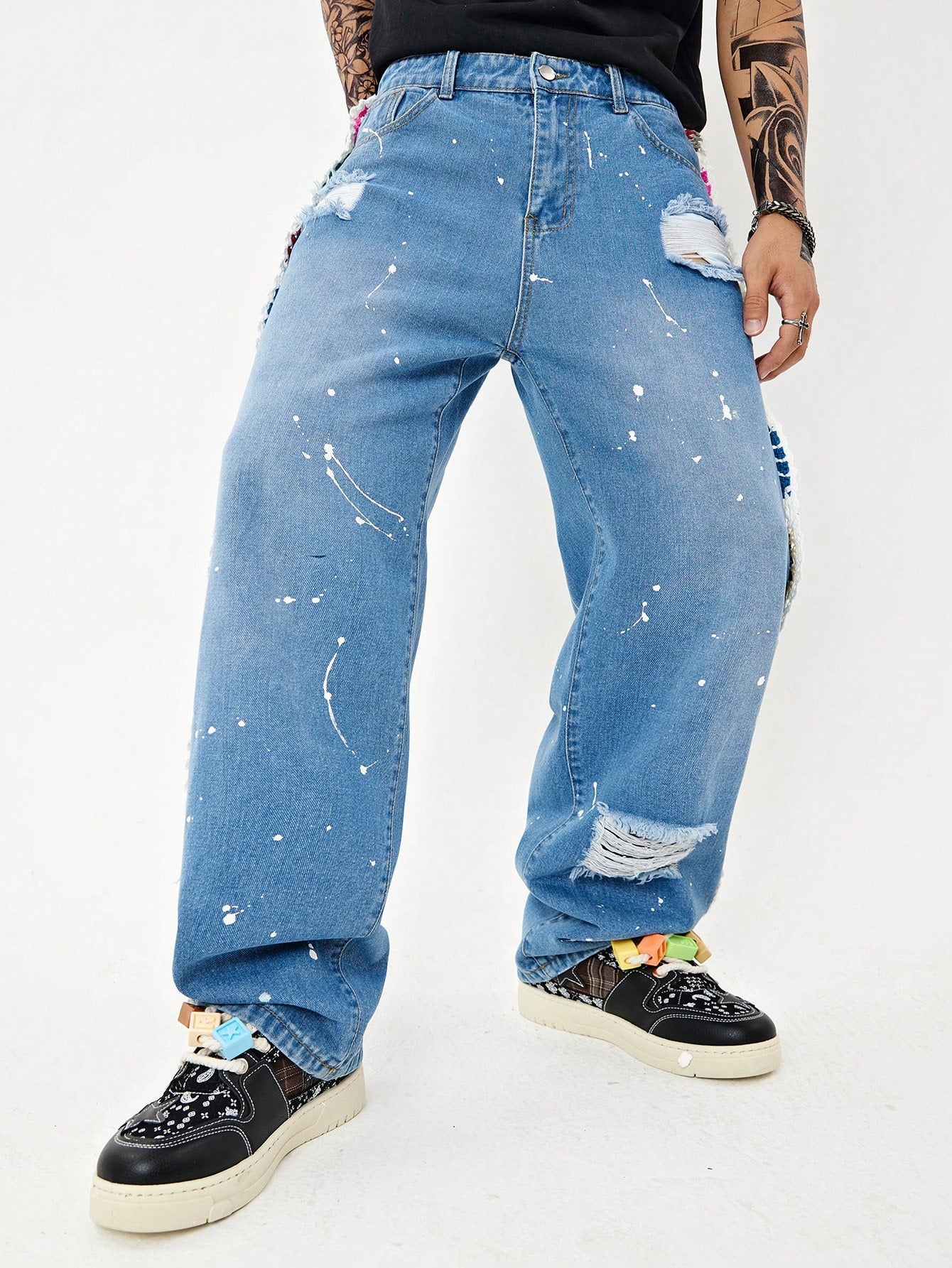 Manfinity EMRG Men Floral Crochet Panel Straight Leg Jeans, Long Royal Blue Straight Leg Rave Outfit Embroidered Cargo Jeans, for Husband, Boyfriend Gifts