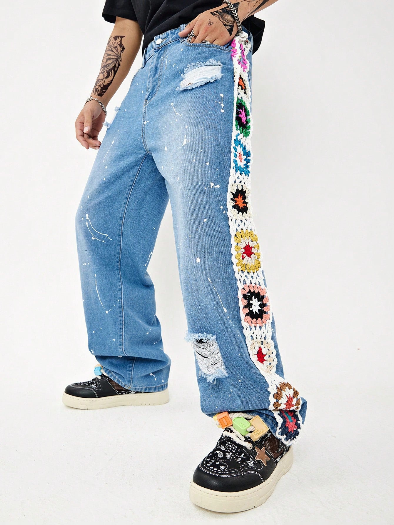 Manfinity EMRG Men Floral Crochet Panel Straight Leg Jeans, Long Royal Blue Straight Leg Rave Outfit Embroidered Cargo Jeans, for Husband, Boyfriend Gifts
