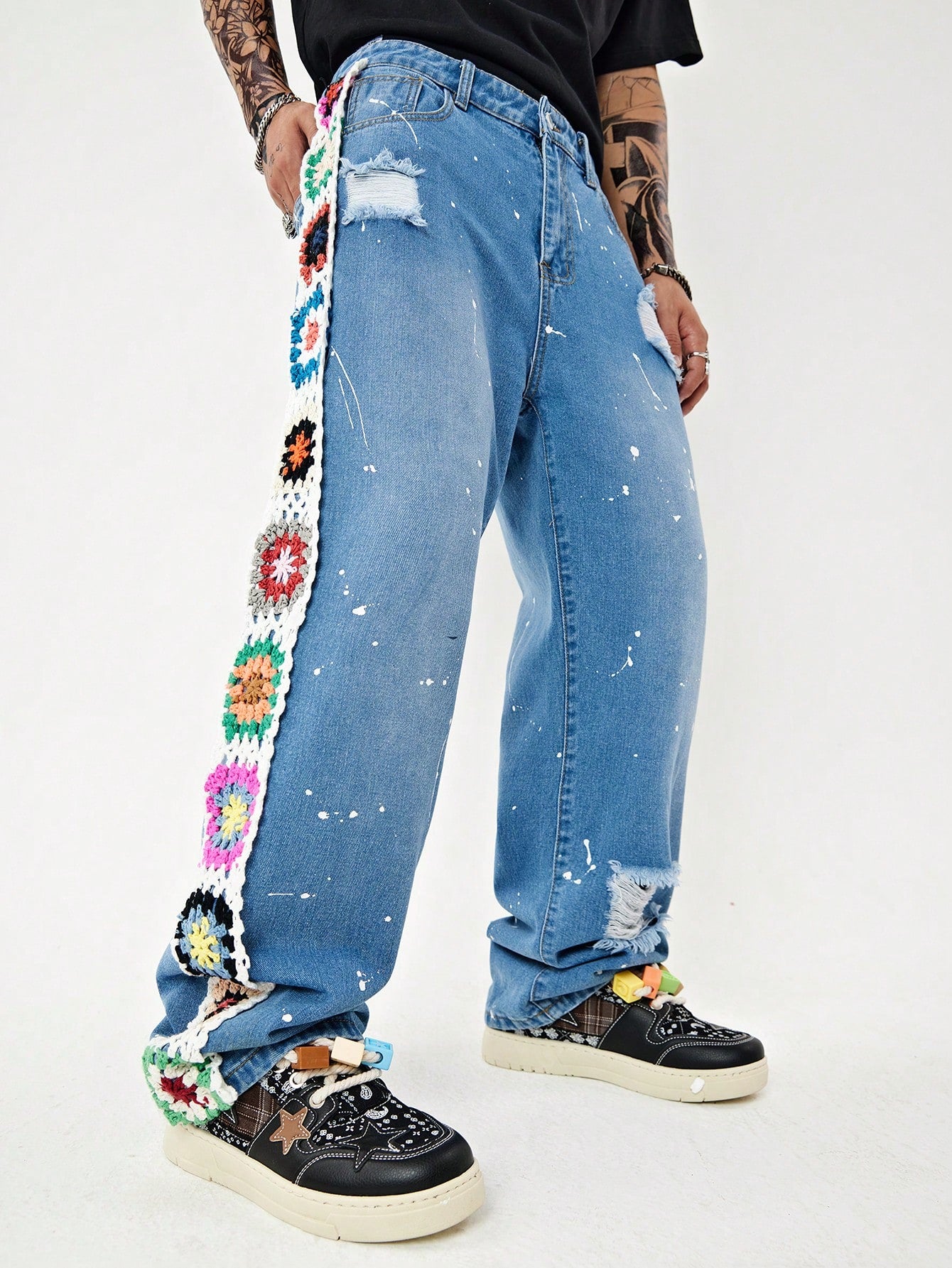 Manfinity EMRG Men Floral Crochet Panel Straight Leg Jeans, Long Royal Blue Straight Leg Rave Outfit Embroidered Cargo Jeans, for Husband, Boyfriend Gifts