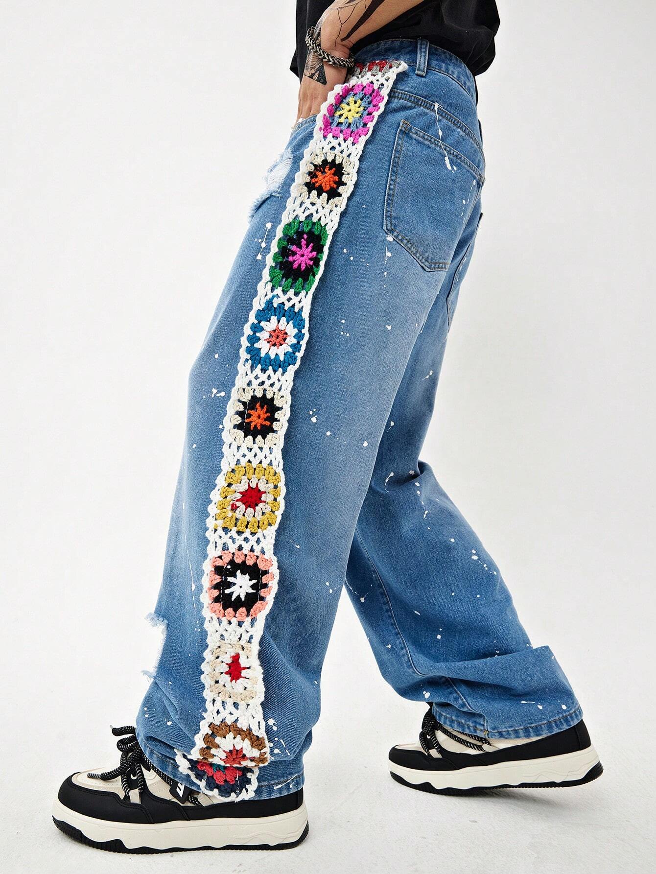 Manfinity EMRG Men Floral Crochet Panel Straight Leg Jeans, Long Royal Blue Straight Leg Rave Outfit Embroidered Cargo Jeans, for Husband, Boyfriend Gifts