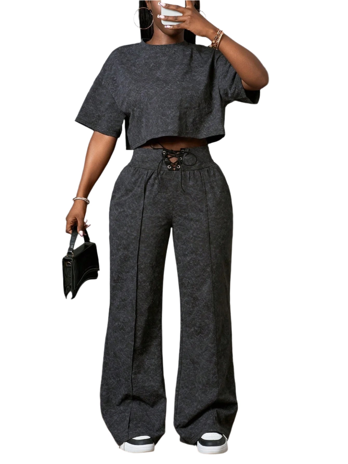 Slaydiva 2025 Spring and Summer New All-Match Casual Street Style Black and Gray Snowflake Fabric, round Neck Loose Short-Sleeved T-Shirt + High Waist Strap Flared Trousers Ladies Two-Piece Suit, Suitable for Music Festivals, Easter, St. Patrick, Daily Outings, Parties, Graduation Season, Sports and Leisure
