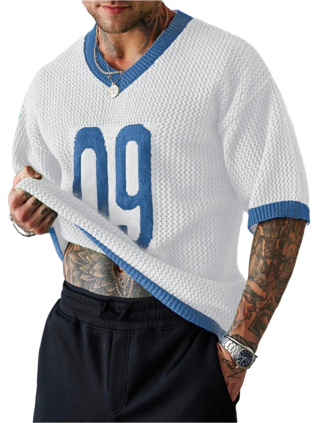 Manfinity Homme Men'S Casual Knit Short Sleeve V-Neck Numeric Print Top Football Jersey Men Mesh Jersey Men Knit Top Men
