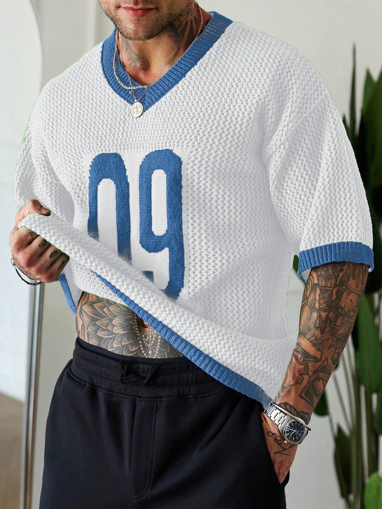 Manfinity Homme Men'S Casual Knit Short Sleeve V-Neck Numeric Print Top Football Jersey Men Mesh Jersey Men Knit Top Men