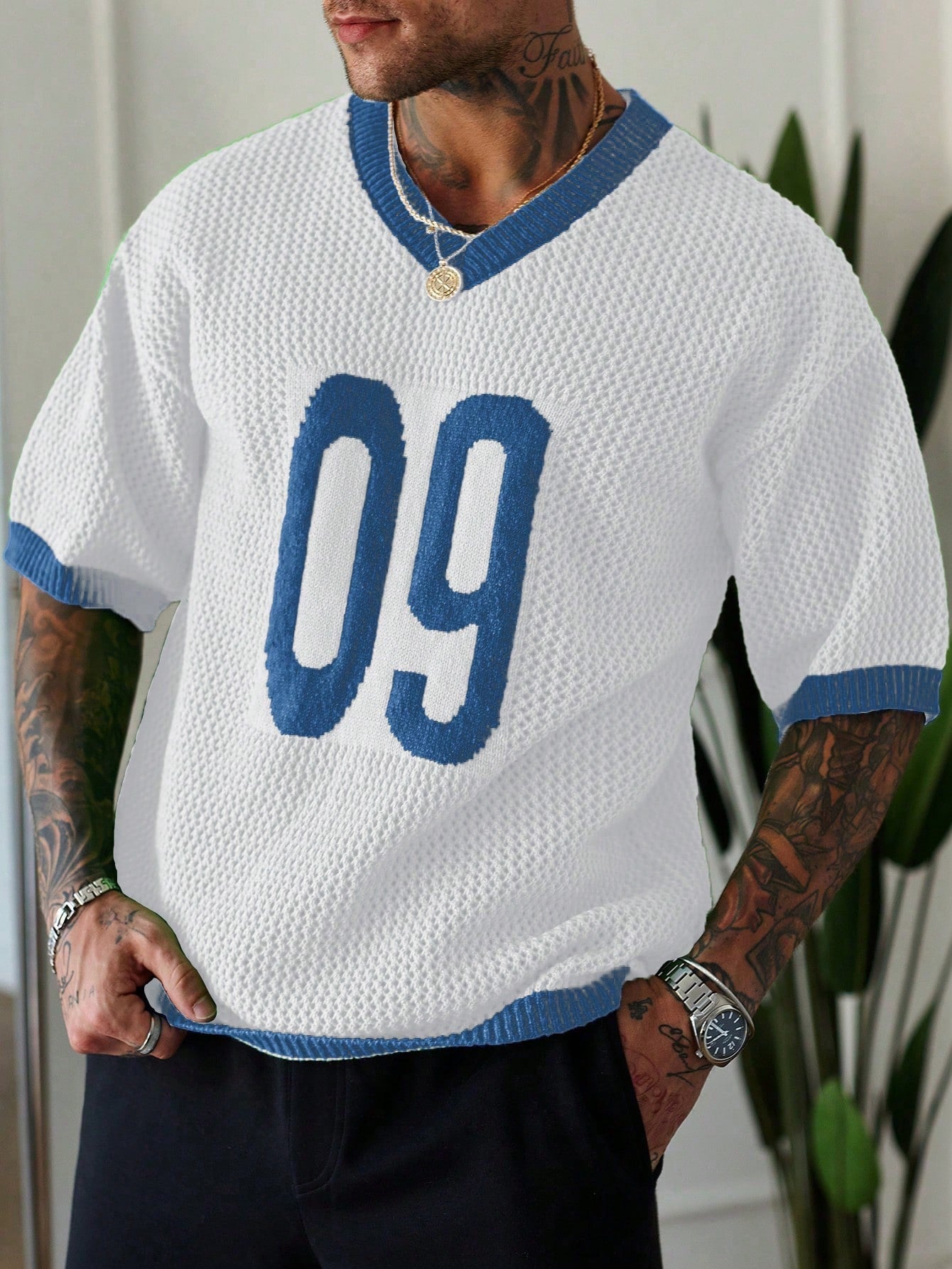 Manfinity Homme Men'S Casual Knit Short Sleeve V-Neck Numeric Print Top Football Jersey Men Mesh Jersey Men Knit Top Men
