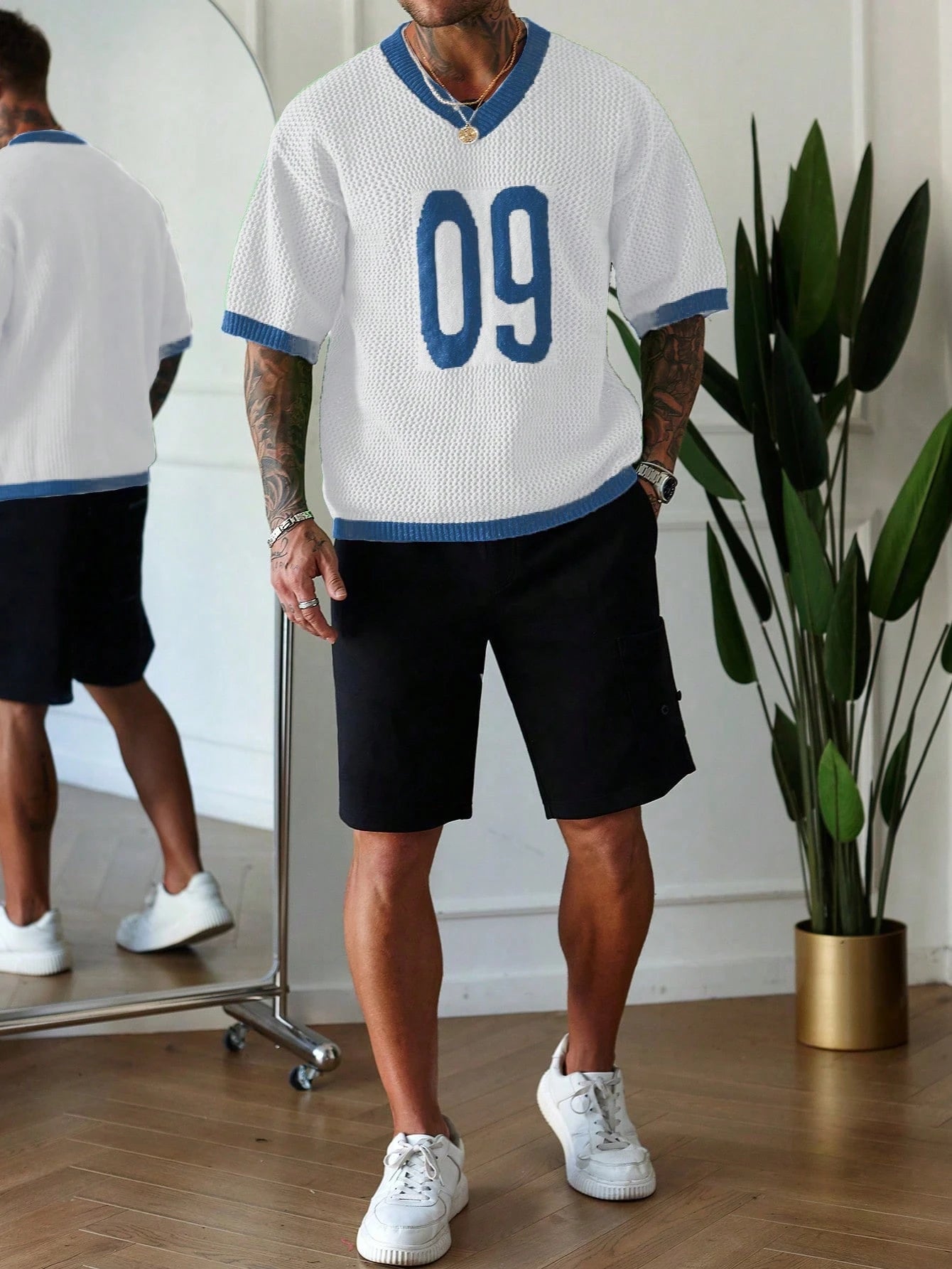 Manfinity Homme Men'S Casual Knit Short Sleeve V-Neck Numeric Print Top Football Jersey Men Mesh Jersey Men Knit Top Men