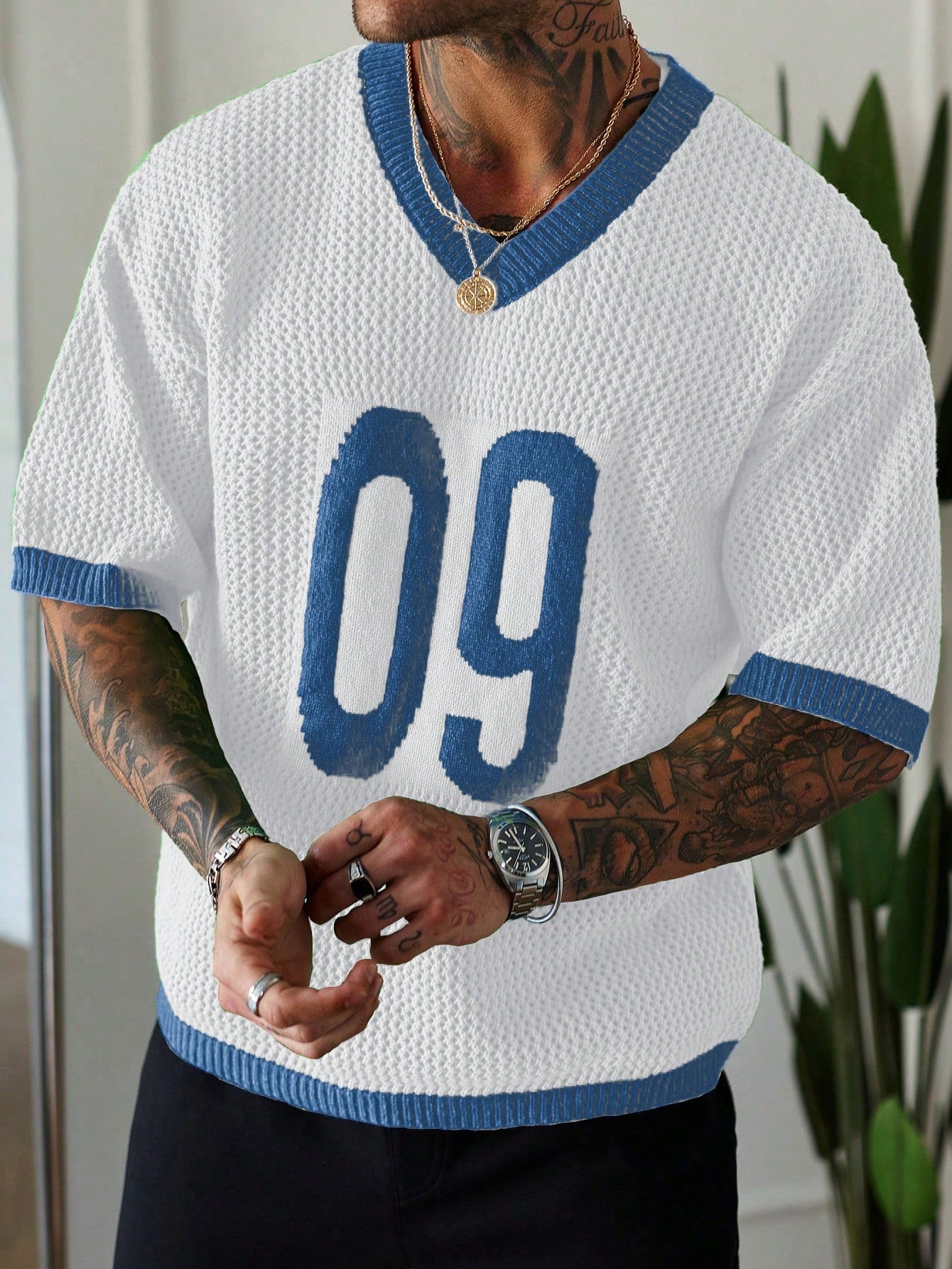 Manfinity Homme Men'S Casual Knit Short Sleeve V-Neck Numeric Print Top Football Jersey Men Mesh Jersey Men Knit Top Men