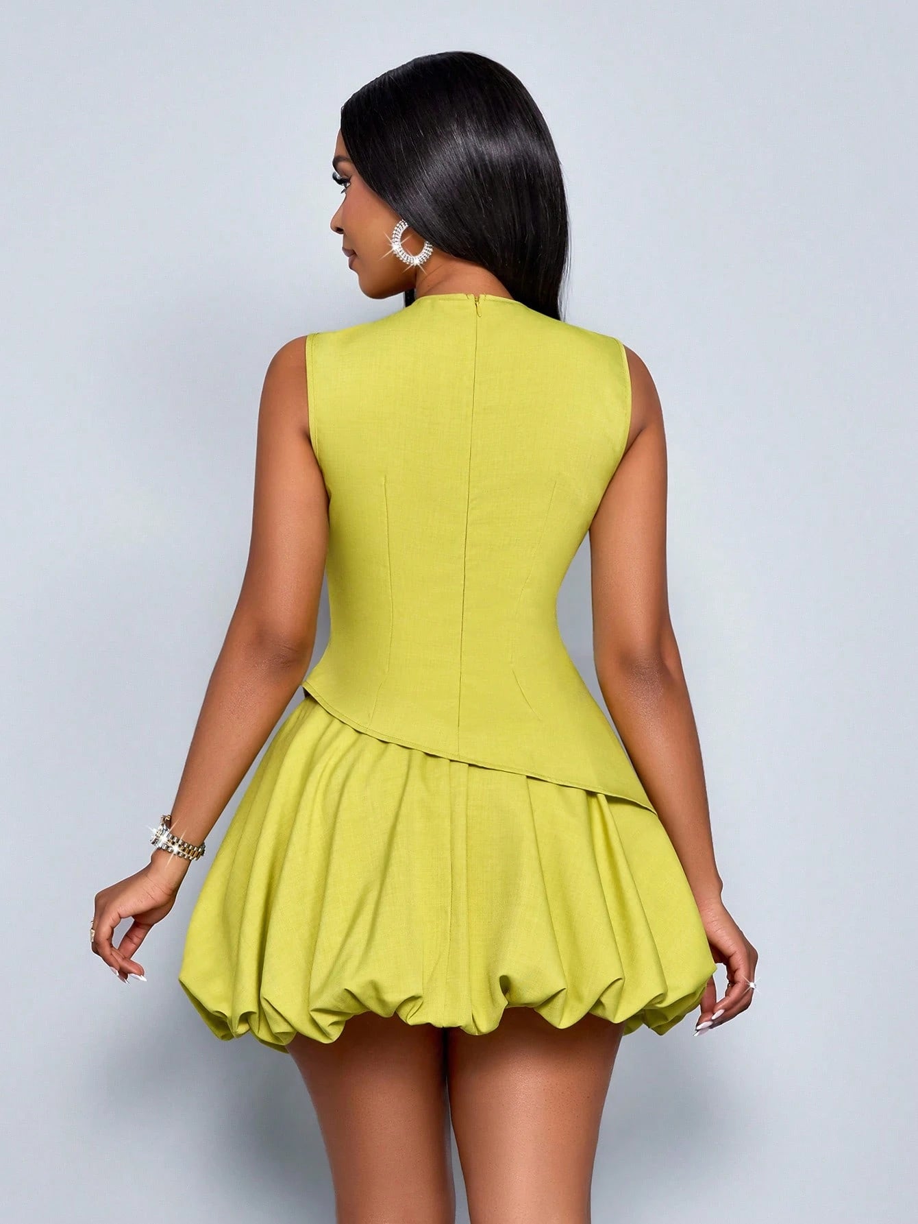 SOLERSUN Women Fashionable 2Pcs Set Asymmetric Hem Slim Fit Top and Mini Ruffle Hem Skirt
