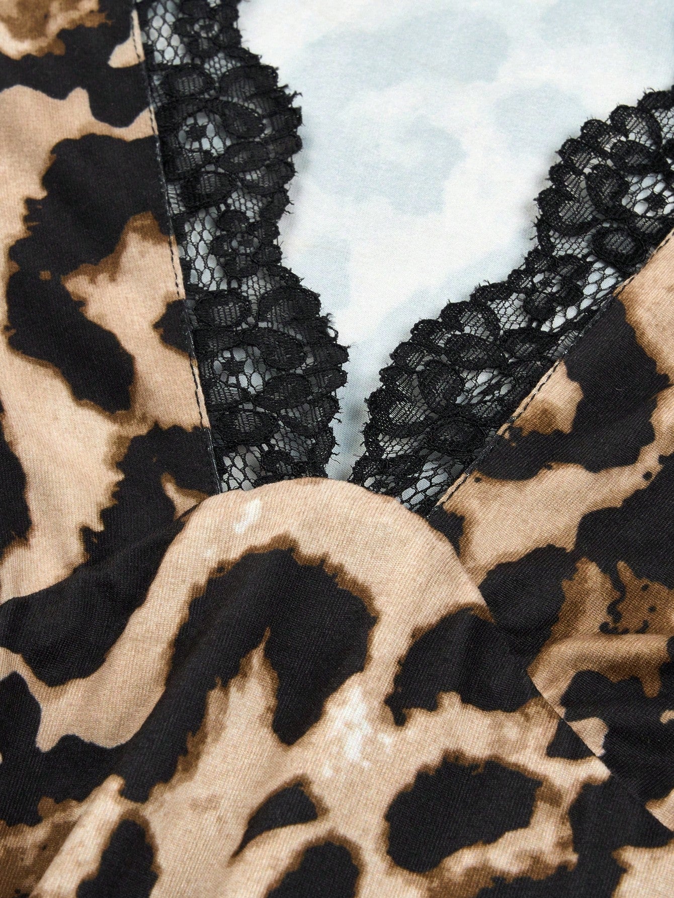 SOLERSUN plus Size Women'S Contrast Lace Leopard Print Deep V Balloon Sleeve Slim Midi Dress Extra Long Women'S Clothing