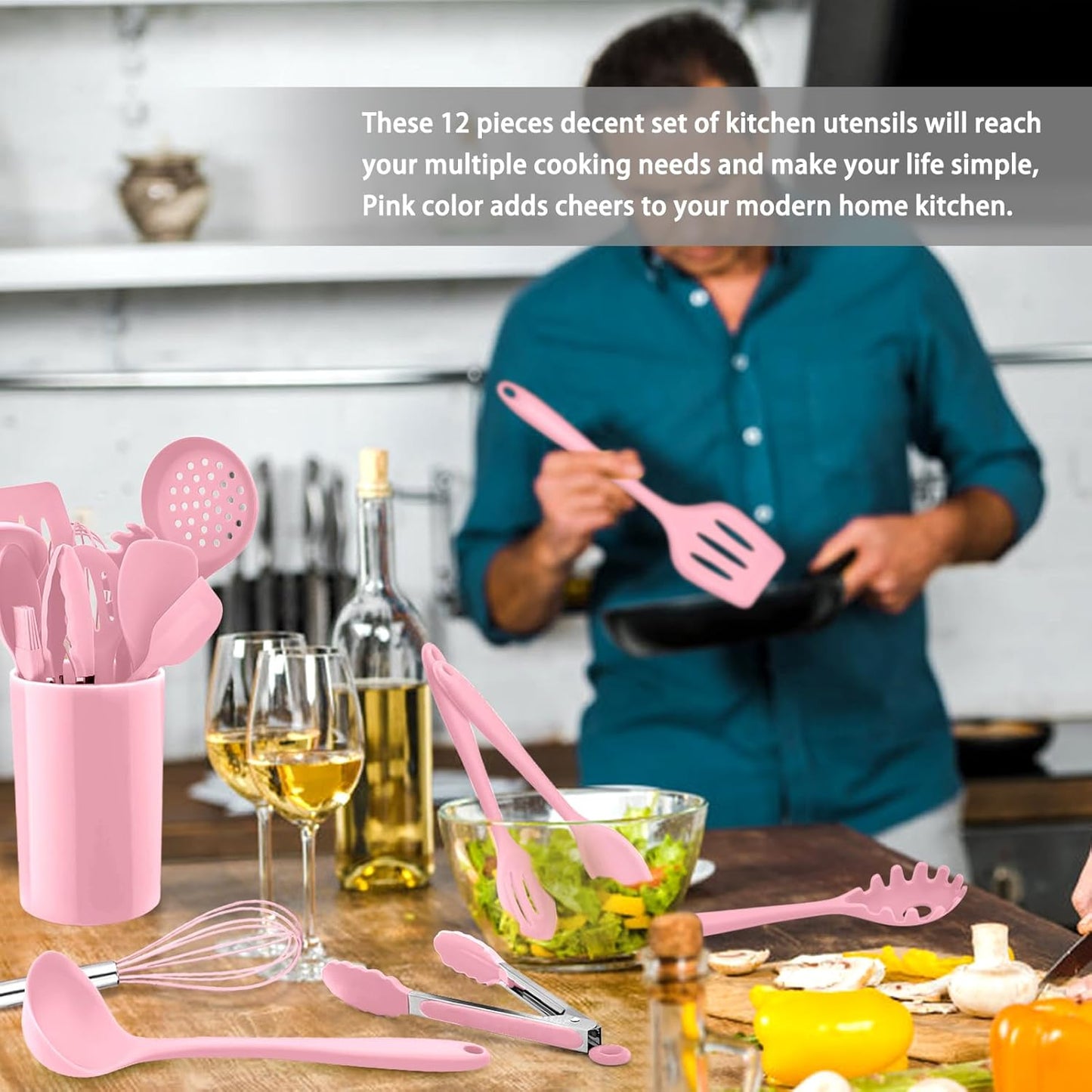 Silicone Kitchen Utensil Set, 12 Piece Cooking Utensils with Holder, Heat Resistant Kitchen Tools Spatulas Set for Cooking Baking Mixing, Safe for Non Stick Cookware - Pink