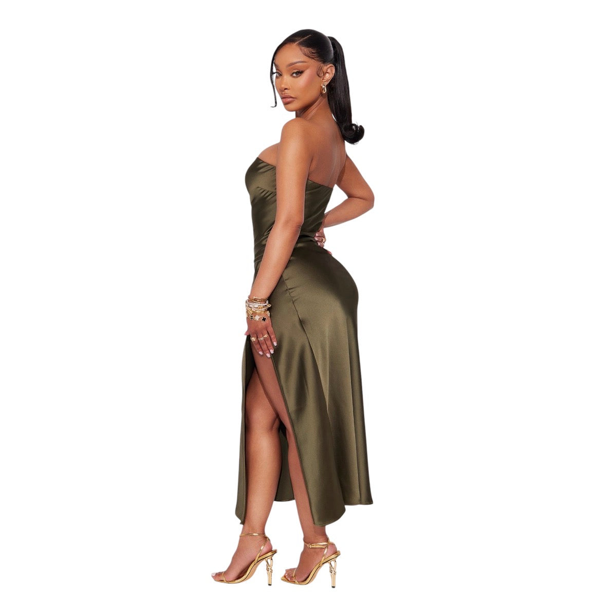Arlette Tube Satin Maxi Dress Olive