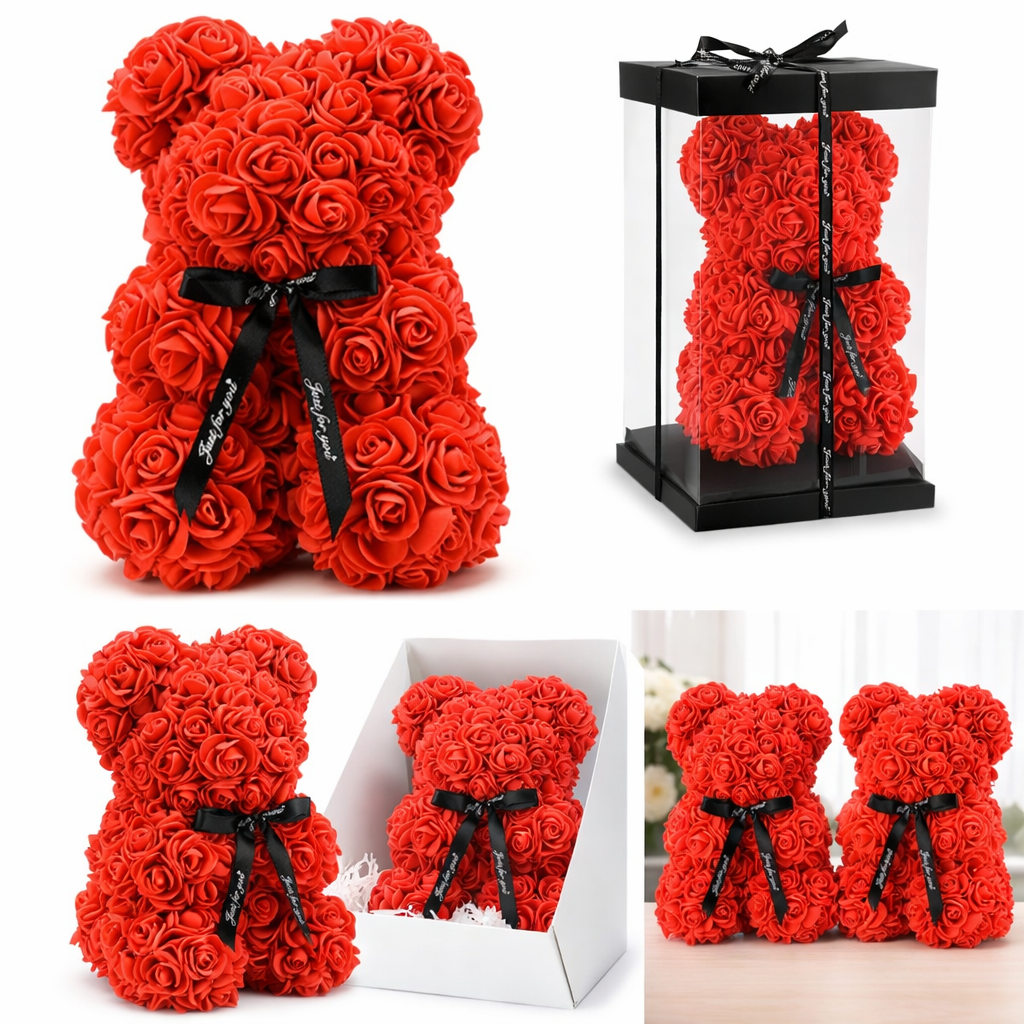 25cm Rose Bear with Transparent Gift Box & Black Ribbon, Rose Petals Teddy Bear Presents for Women, Artificial Flowers Rose Bear Valentines Gifts for Her, for Girlfriend (Red)