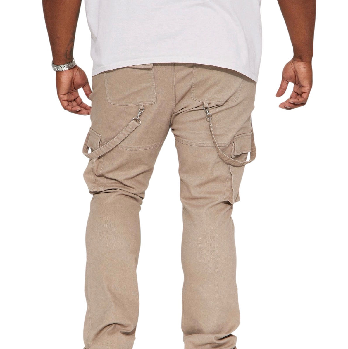 Strapped In Cargo Stacked Skinny Flare Jeans Taupe