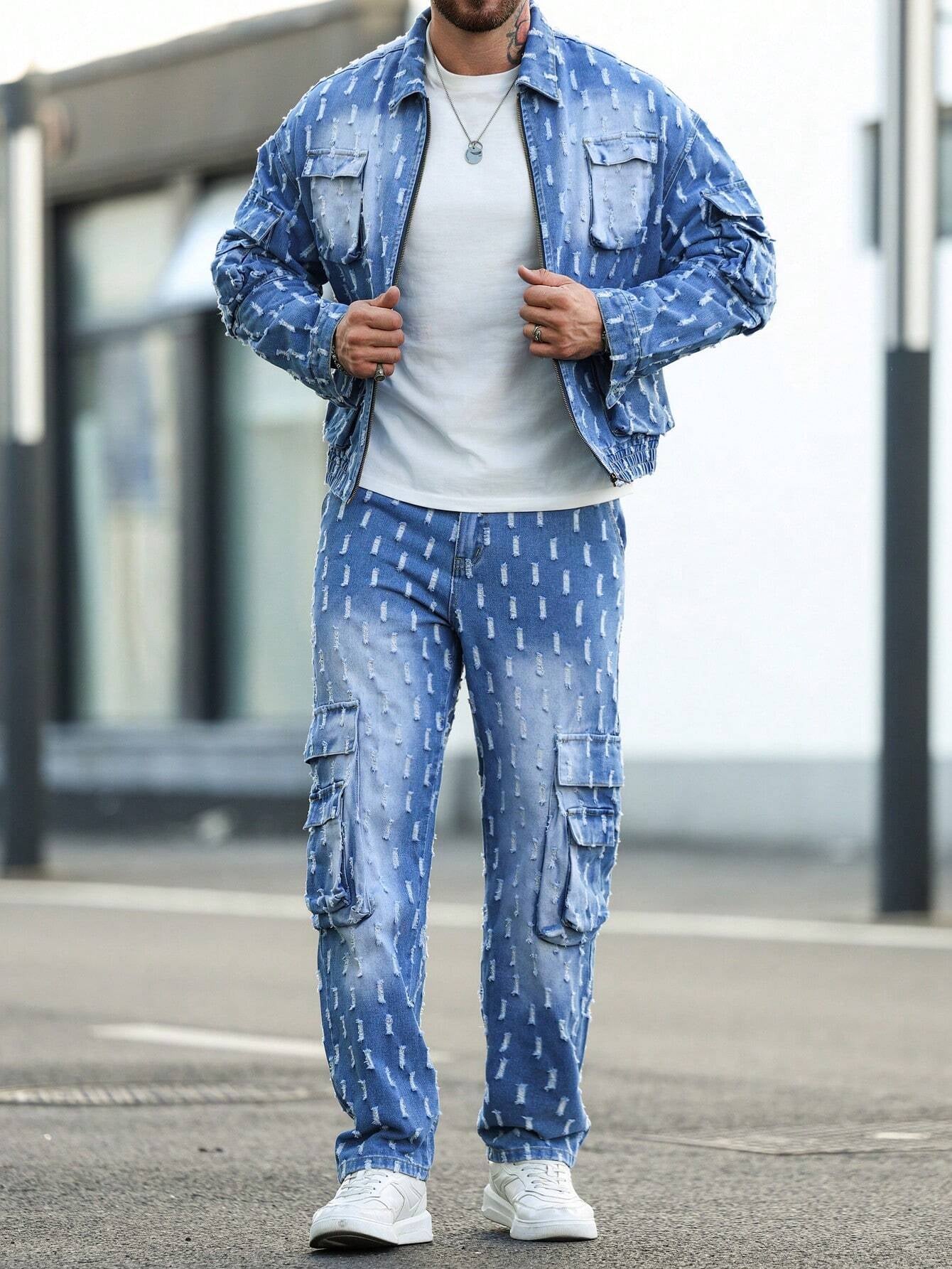 Manfinity Homme Men'S 2Pcs/Set Long Sleeve Jacket and Jeans Pants Casual Suit