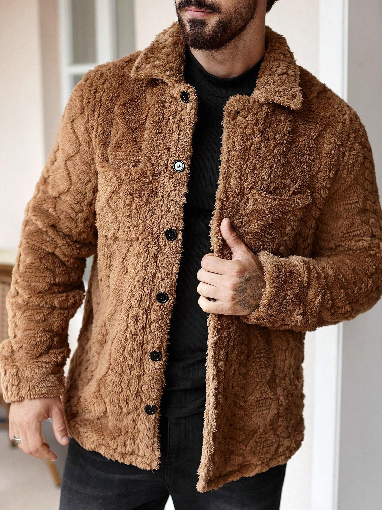 Manfinity Homme Men'S Casual Solid Color Fuzzy Jacket for Autumn/Winter ,Men Flannel,Winter Men Jacket, Going Out Warm Long Sleeve Jacket, for Friends, Husband, Boyfriend Gifts
