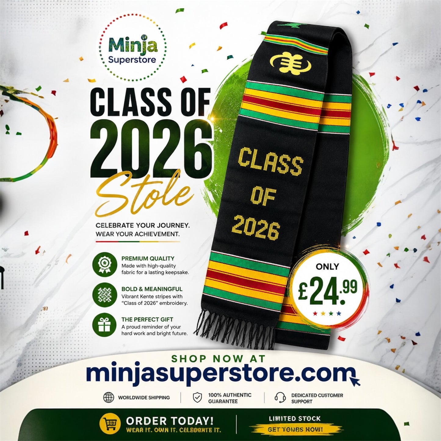 Class of 2026 Graduation Stole – Kente Style Graduation Scarf