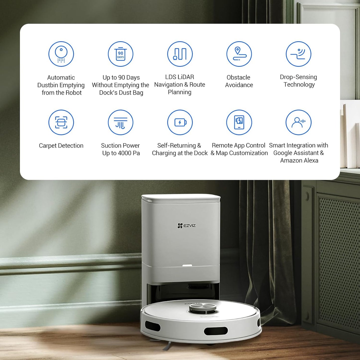RE5 plus Robot Hoover Mop, 4L Self Emptying Station, 4000 Pa, Carpet Detection, Lidar Obstacle Avoidance, Self-Charging, Clean 300㎡, Wifi APP Control, Pet-Friendly, Robot Vacuum, Voice Assistant