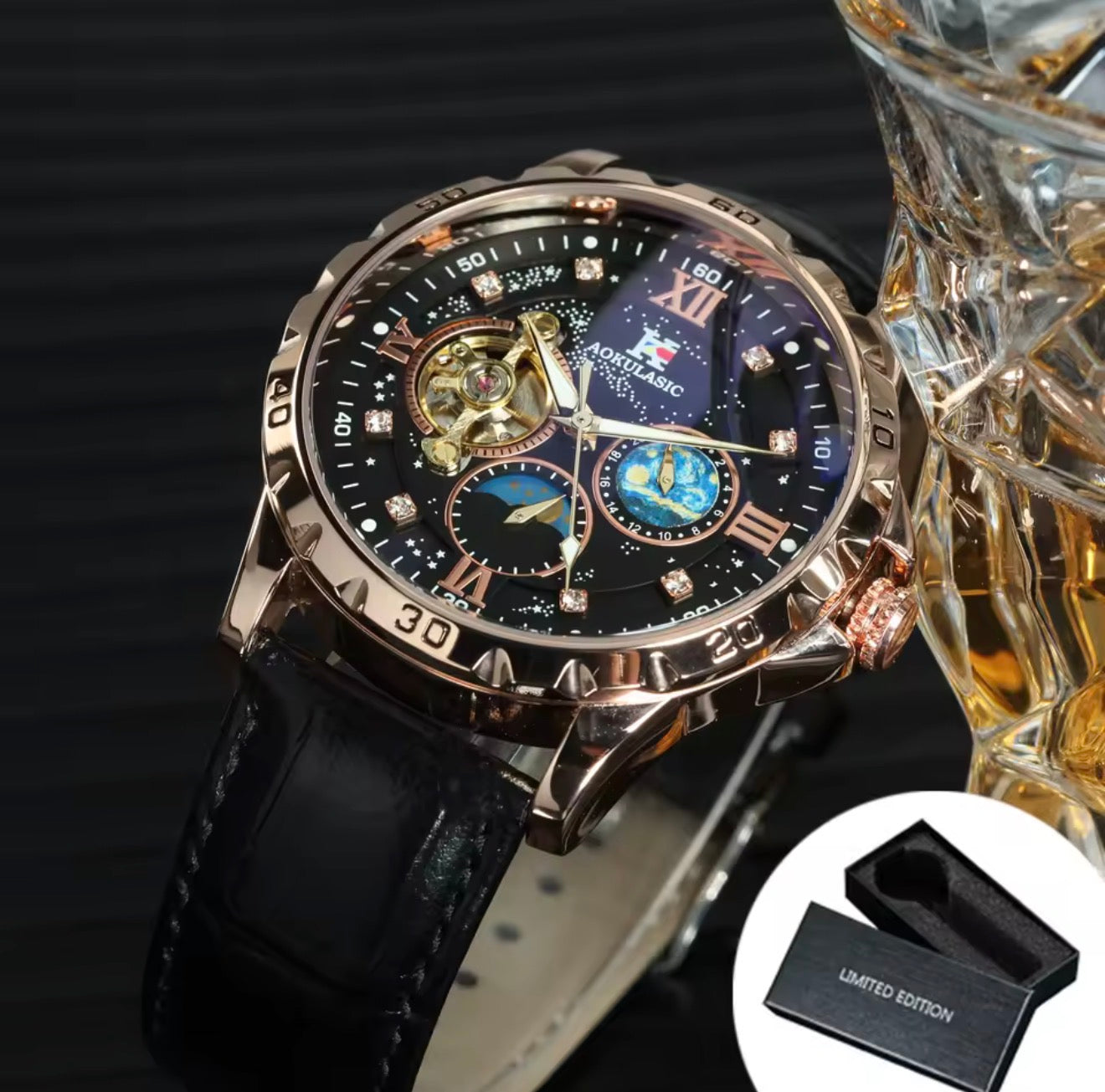 AOKULASIC Skeleton Automatic Men’s Watch with Moon Phase Dial