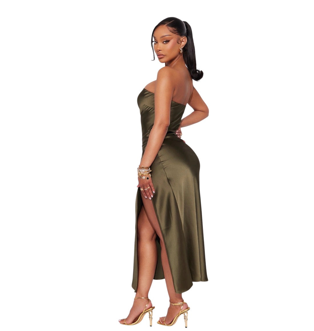 Arlette Tube Satin Maxi Dress Olive