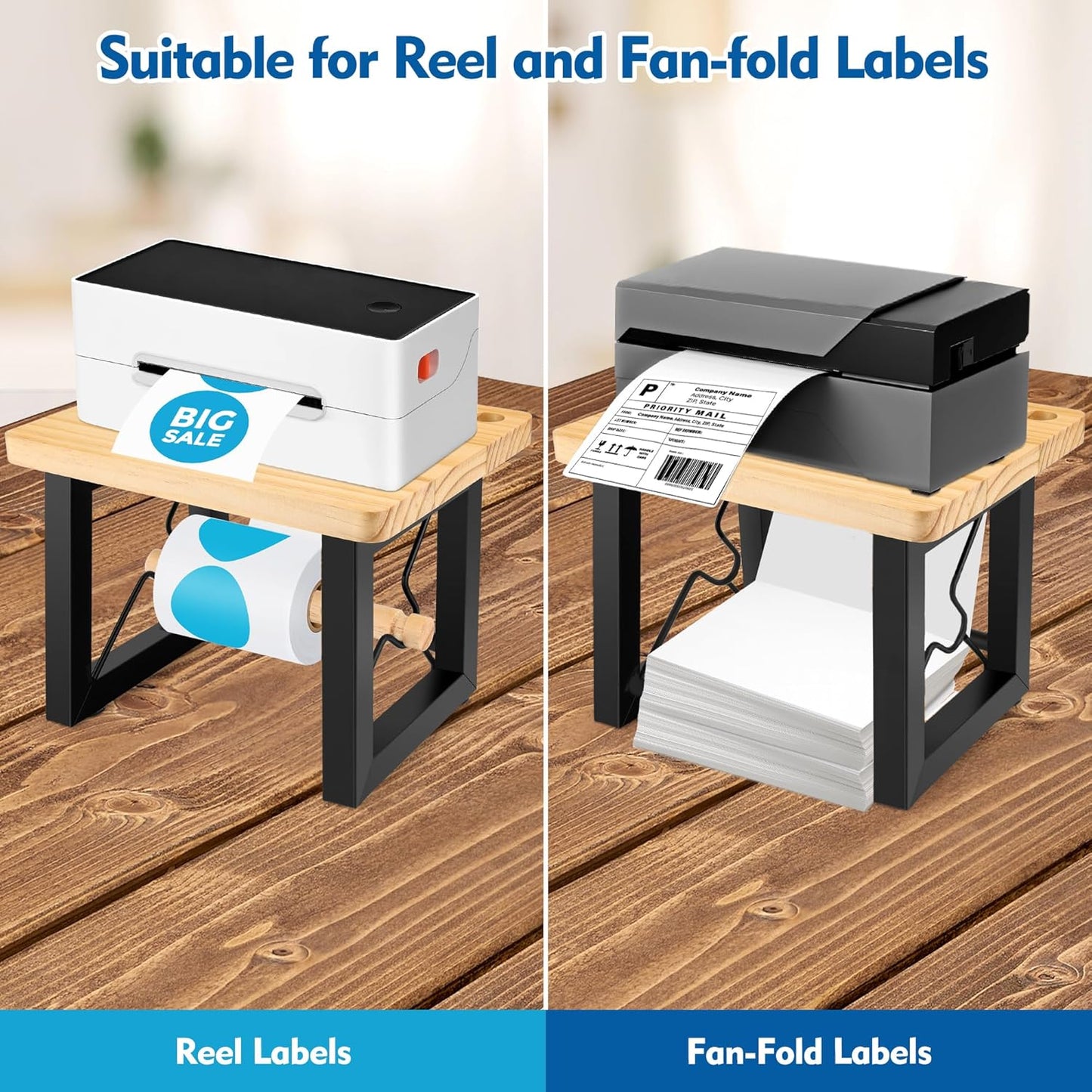 Label Holder for Rolls and Fan-Fold Labels, Wooden Desktop Printer Label Organiser for Thermal Printer, Space-Saving Design for Home, Office & Small Business