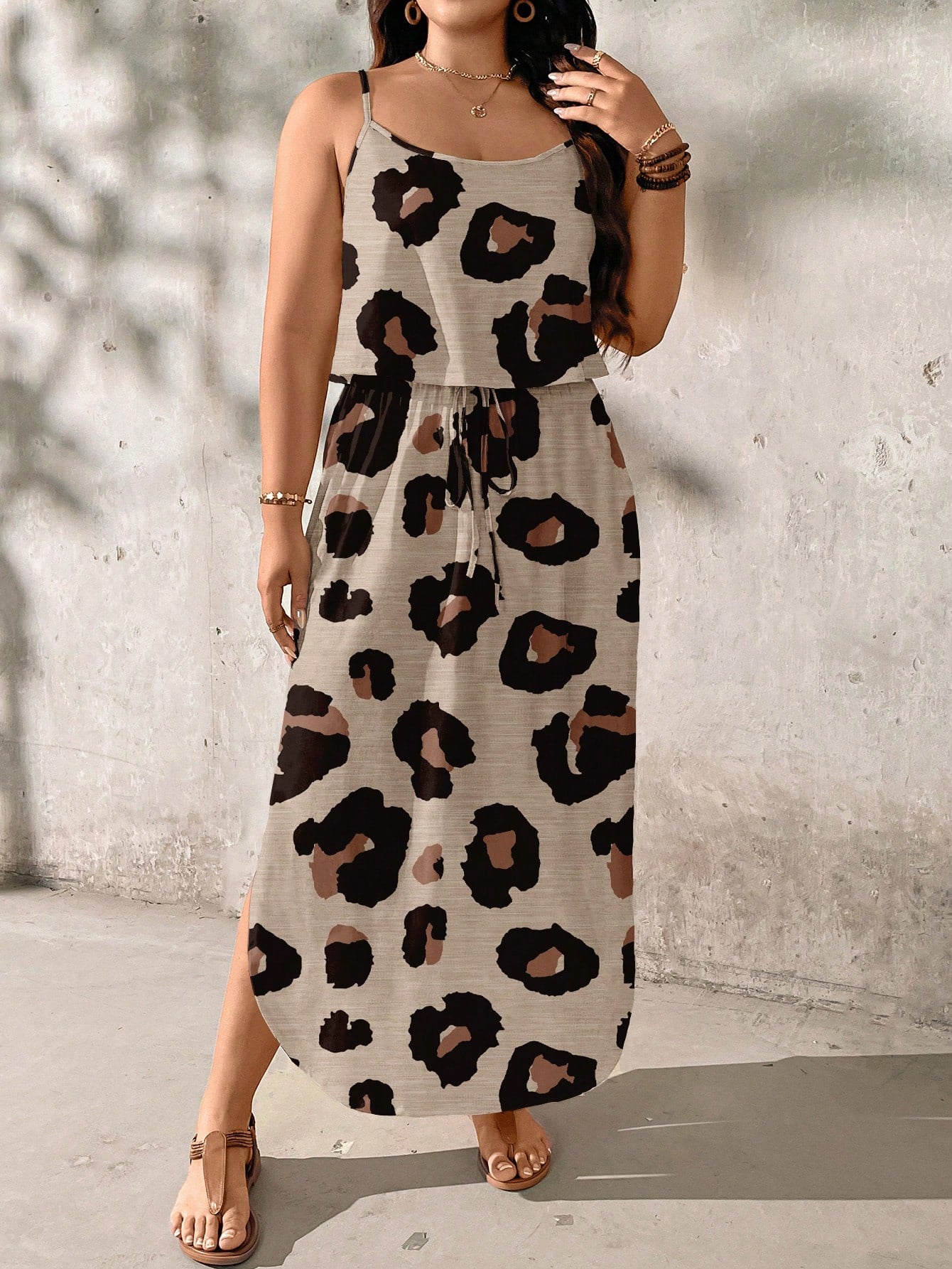 LUNE plus Size Vacation Textured Leopard Print Dress, Suitable for Summer