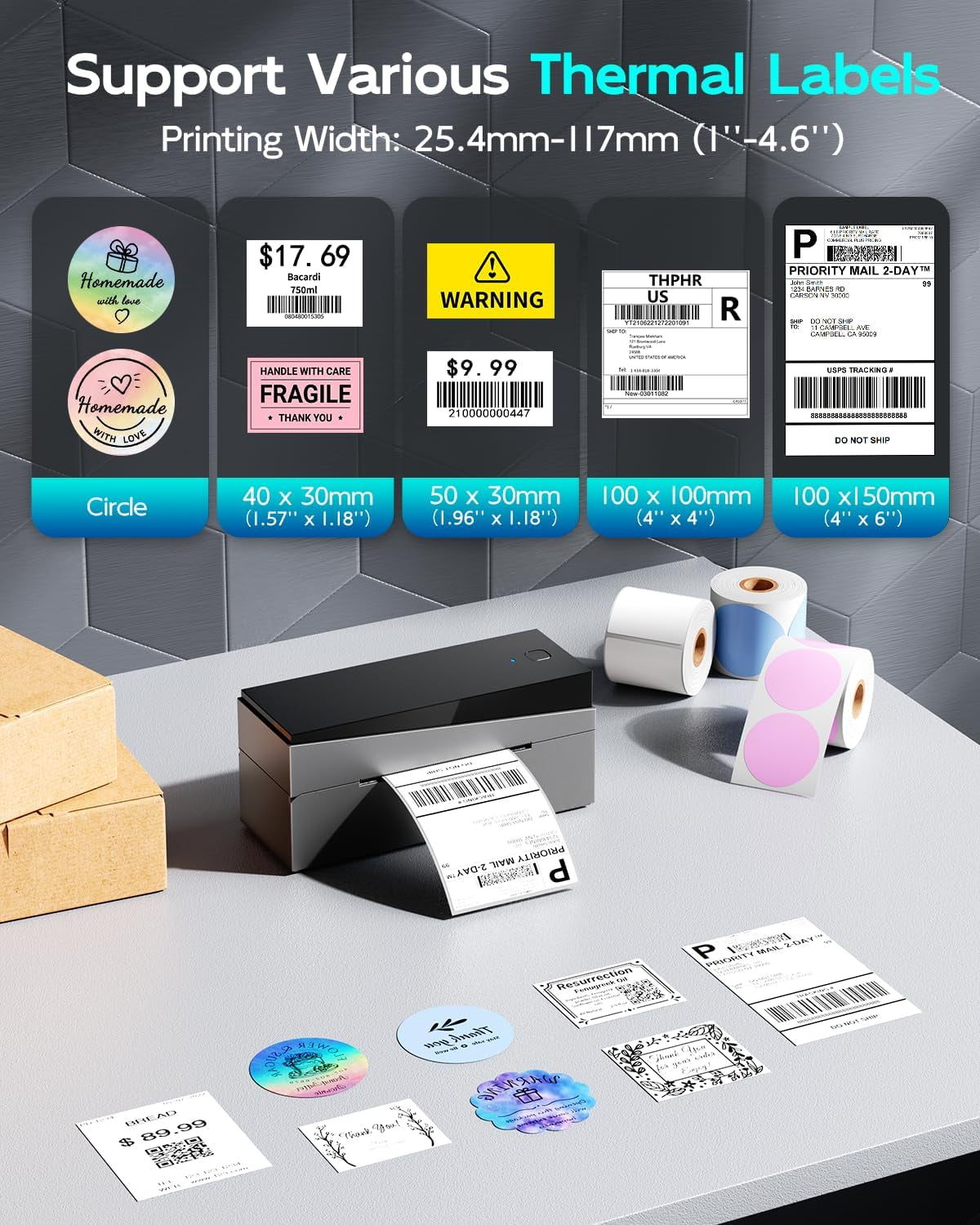 Bluetooth Shipping Label Printer, Thermal Label Printer 4X6 for Small Business, Widely Used for Etsy, Shopify, Ebay, Royal Mail, Evri, Amazon,Compatible with Android, Iphone,Linux and Windows