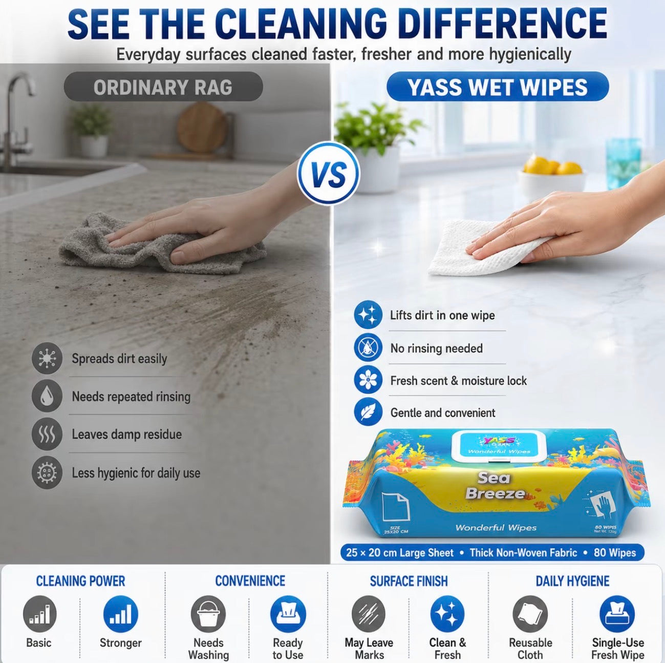 Yass Clean Multi-Purpose Cleaning Wipes 80 Pack