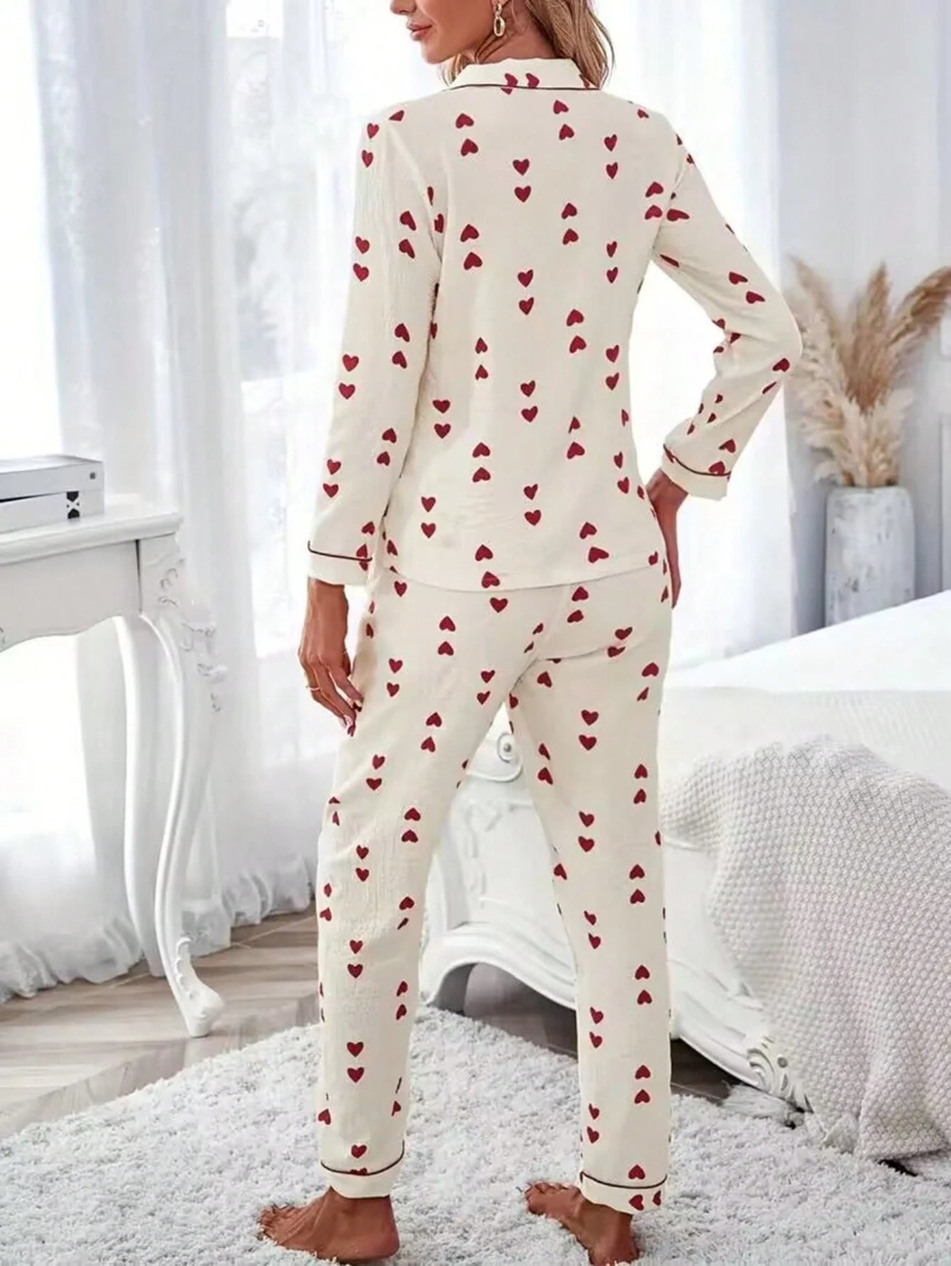 2-Piece Suit for Women, Long-Sleeved Tops and Trousers, Pajamas Suits, Spring and Summer Casual Loose-Fitting House Collar, Simple Heart Peach Print, Suitable for Both Home and Outings,Two Piece Set