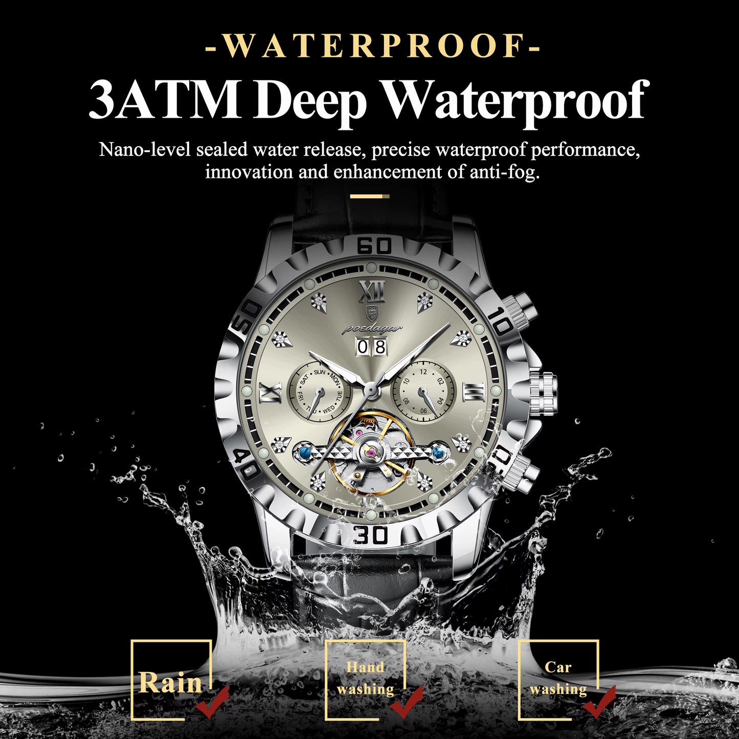 Fashion Men Wristwatch Luxury Hollow Tourbillon Luminous Date Week Man Clock Automatic Mechanical Leather Men'S Watches