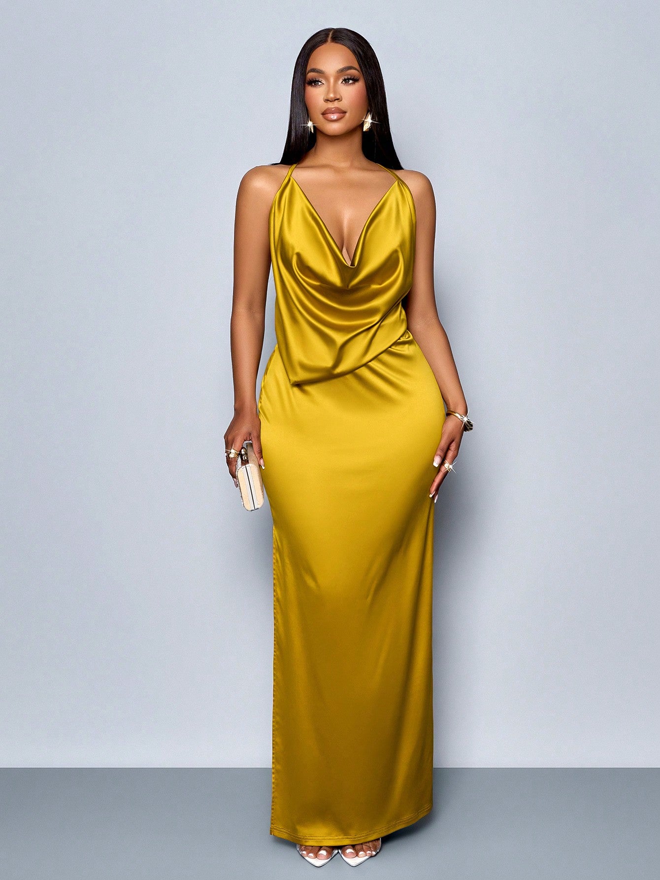 SOLERSUN Suitable for Christmas Party Vacation & Dating Elegant Solid Color Draped Collar Backless High Slit Satin Elegant Bodycon Dress,Valentine'S Day Dating