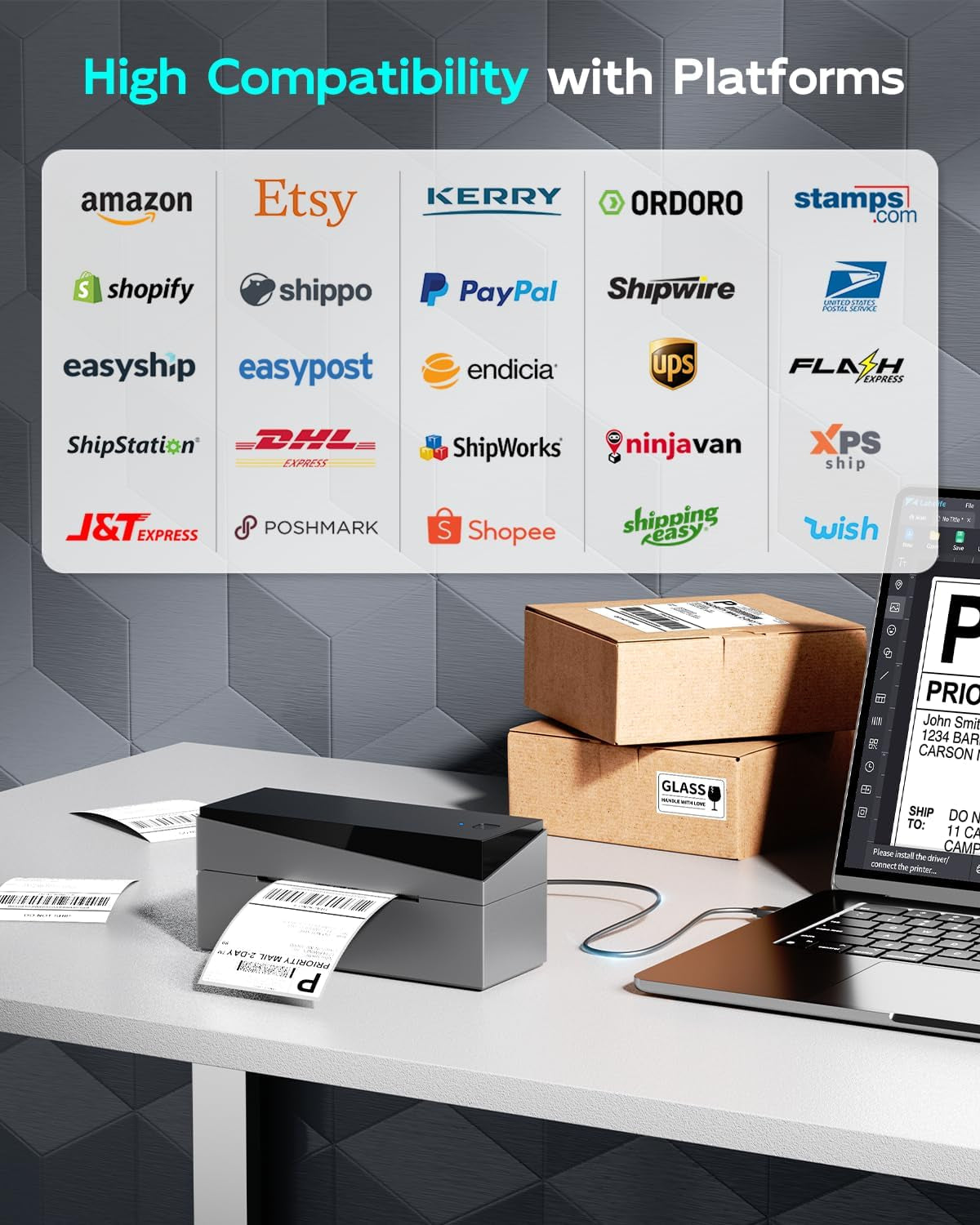 Bluetooth Shipping Label Printer, Thermal Label Printer 4X6 for Small Business, Widely Used for Etsy, Shopify, Ebay, Royal Mail, Evri, Amazon,Compatible with Android, Iphone,Linux and Windows