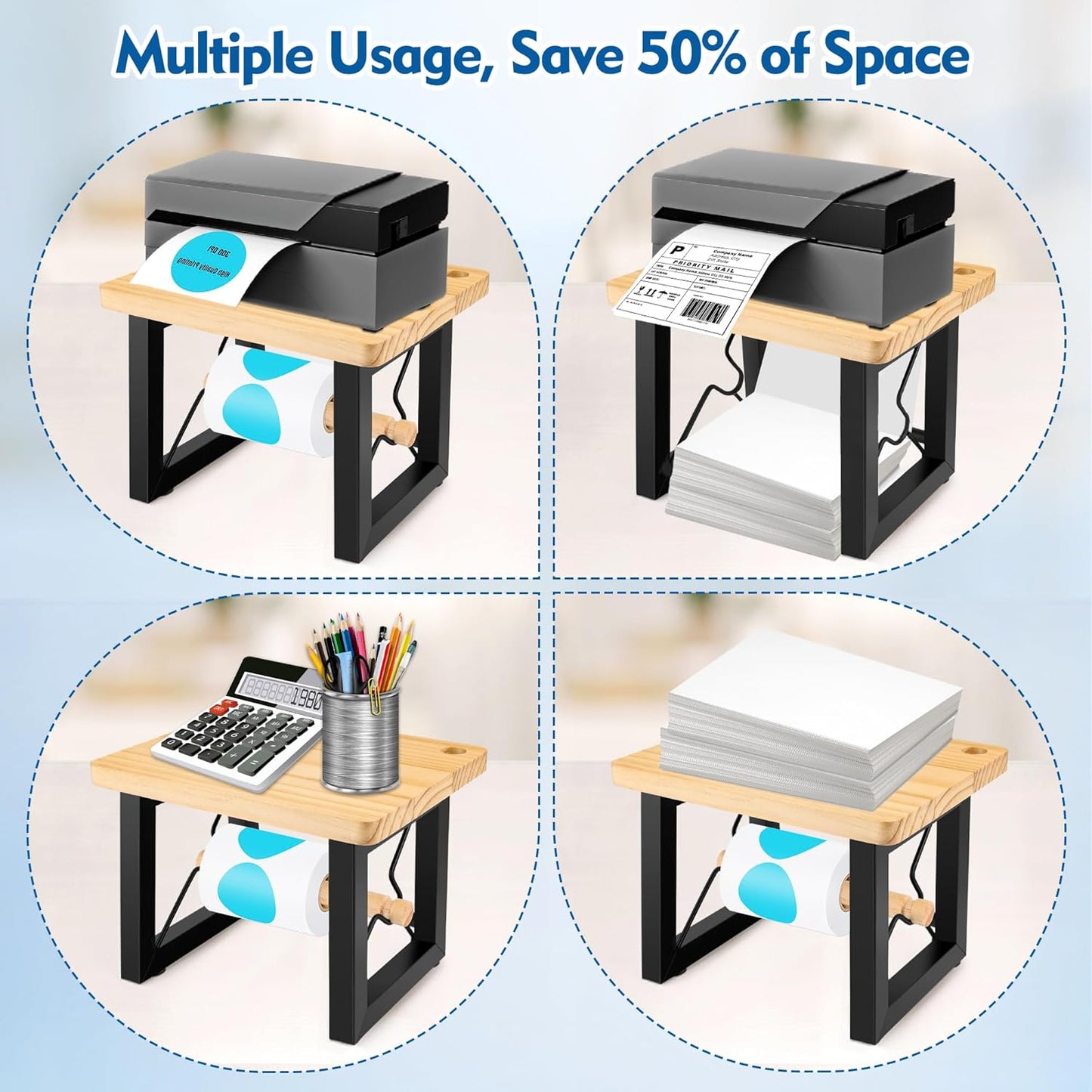 Label Holder for Rolls and Fan-Fold Labels, Wooden Desktop Printer Label Organiser for Thermal Printer, Space-Saving Design for Home, Office & Small Business