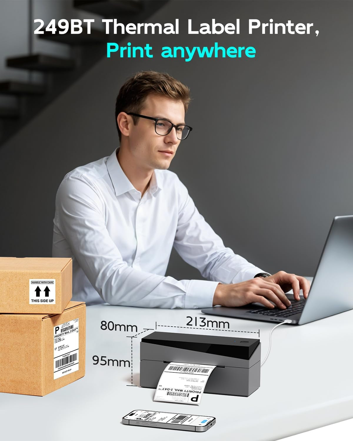 Bluetooth Shipping Label Printer, Thermal Label Printer 4X6 for Small Business, Widely Used for Etsy, Shopify, Ebay, Royal Mail, Evri, Amazon,Compatible with Android, Iphone,Linux and Windows