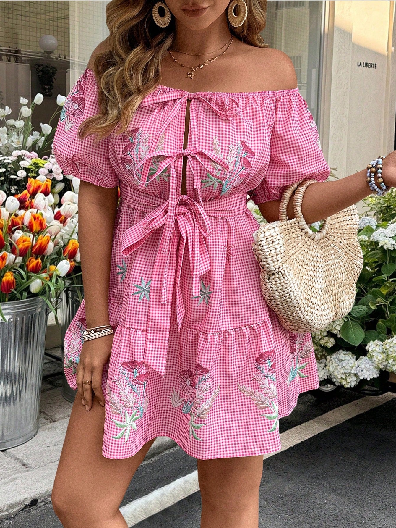 Franclia plus Size Women'S Western Style Boho Music Festival Casual Vacation Retro off Shoulder Bowknot Faux Embroidery Print Puff Sleeve Mini Dress, Spring/Summer