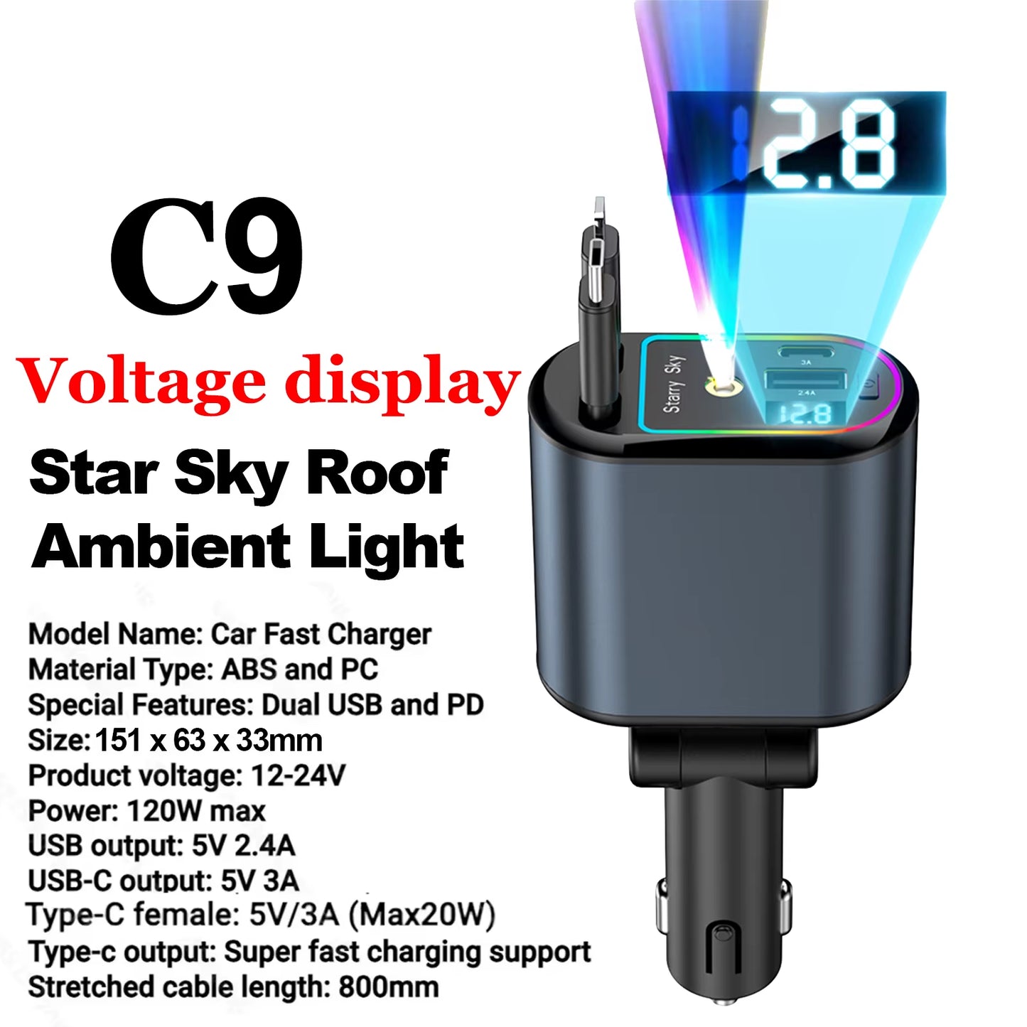 120W Retractable Fast Charger for Apple Devices - Type C USB Socket with Digital Display and PD QC3.0 Cigarette Lighter Adapter