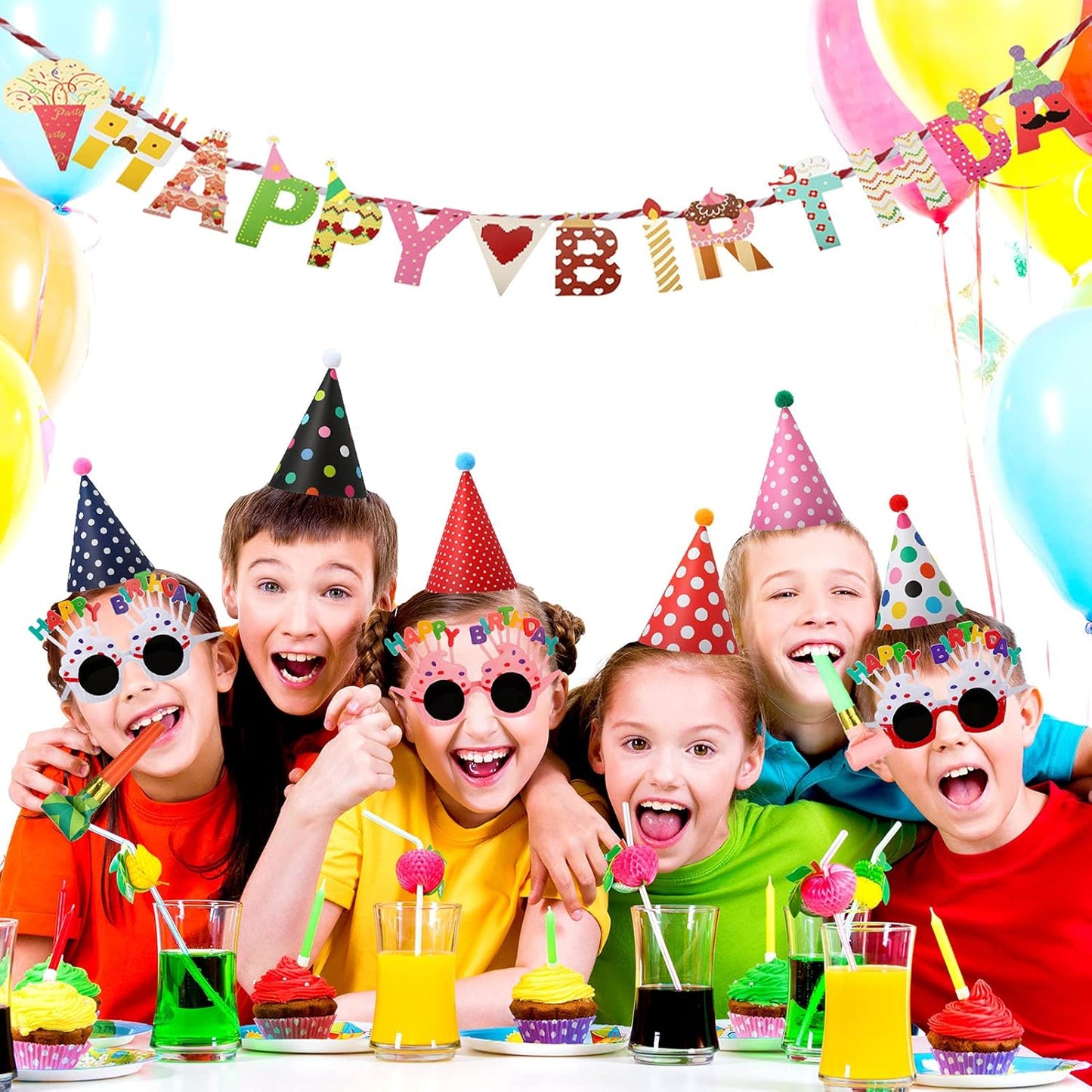 25 PCS Party Hats Pack with Happy Birthday Banners, Crown Hat, Glasses, Blowers for Boys, Girls, Kids, Adults Party Decoration
