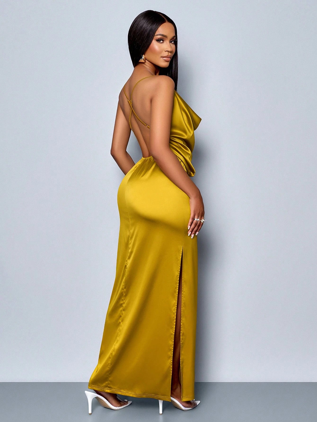 SOLERSUN Suitable for Christmas Party Vacation & Dating Elegant Solid Color Draped Collar Backless High Slit Satin Elegant Bodycon Dress,Valentine'S Day Dating