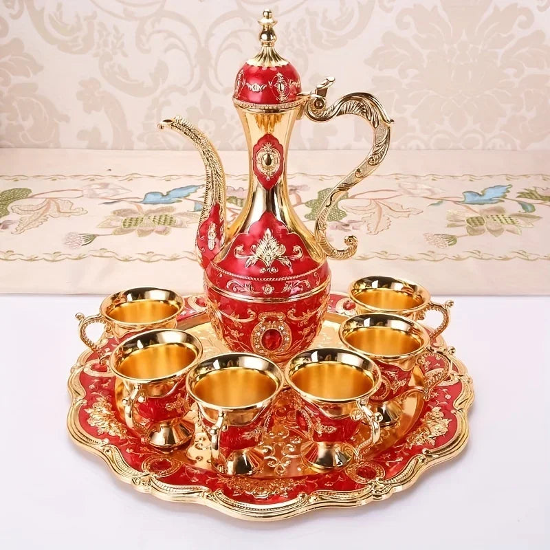 1Set Vintage Metal Turkish Coffee Pot Set European Style Tea Set 6 Luxury Coffee Cups Craft Tea Tray and Teapot for Serving Tea