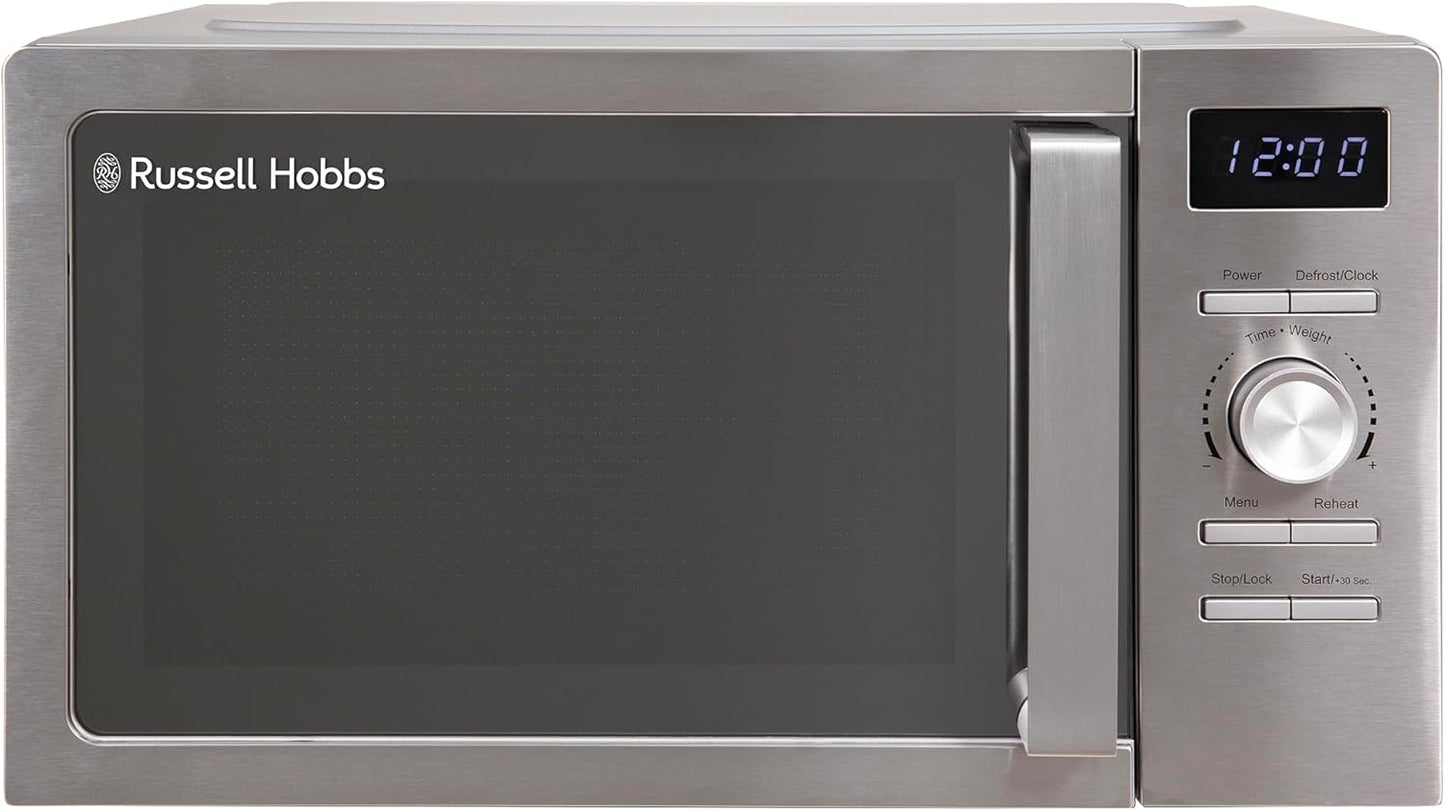 Russell Hobbs Stainless Steel Digital Microwave 20 Litre 800W Solo Digital with 5 Power Levels, Defrost Function & Easy Clean, 60 Minute Timer, 8 Auto-Cook Menus, RHMD828SS